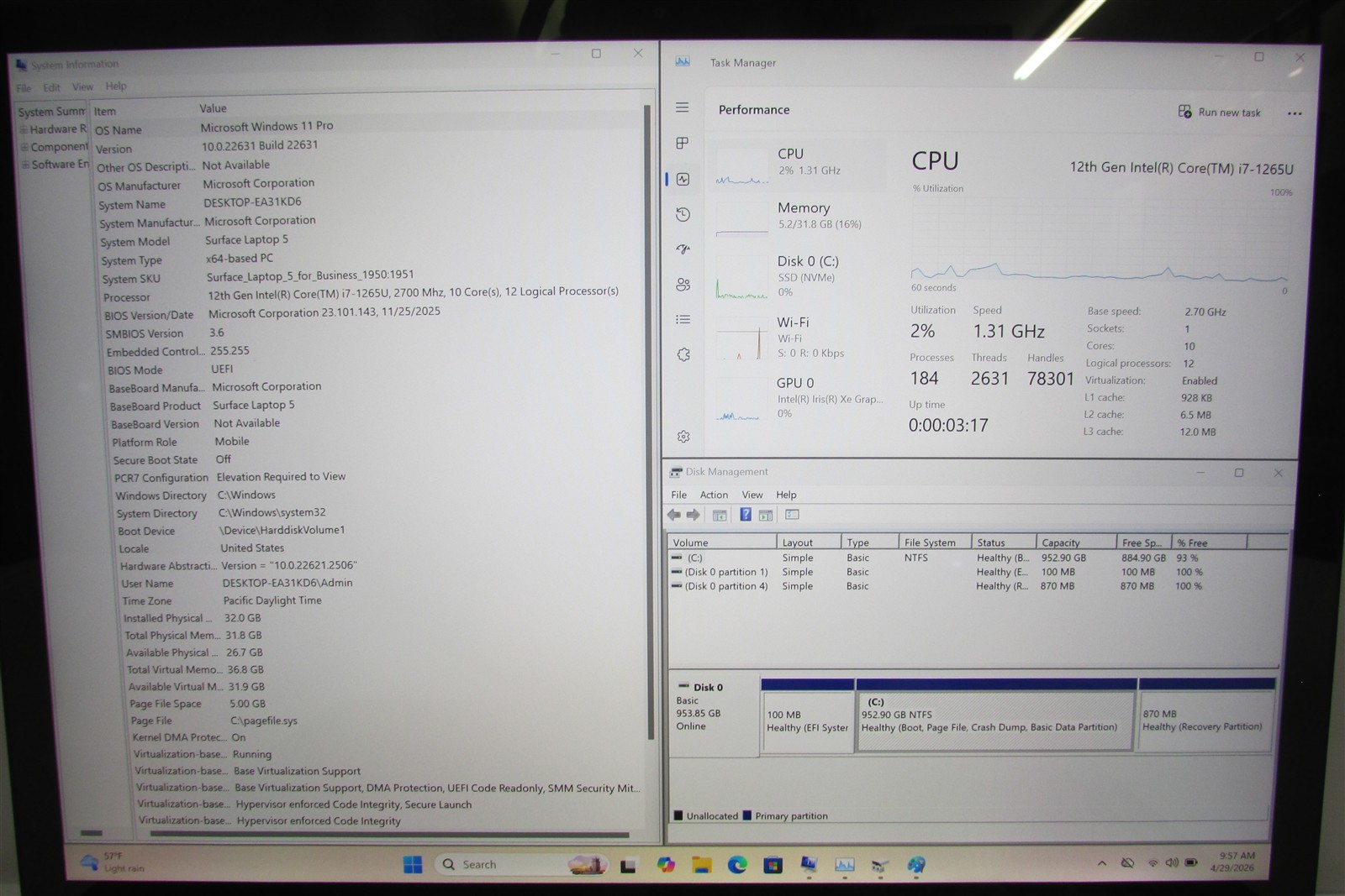 Microsoft Surface Laptop 5 1951 i7-1265U 2.7GHz 32GB RAM 1TB 13″ Win 11 Pro DMG