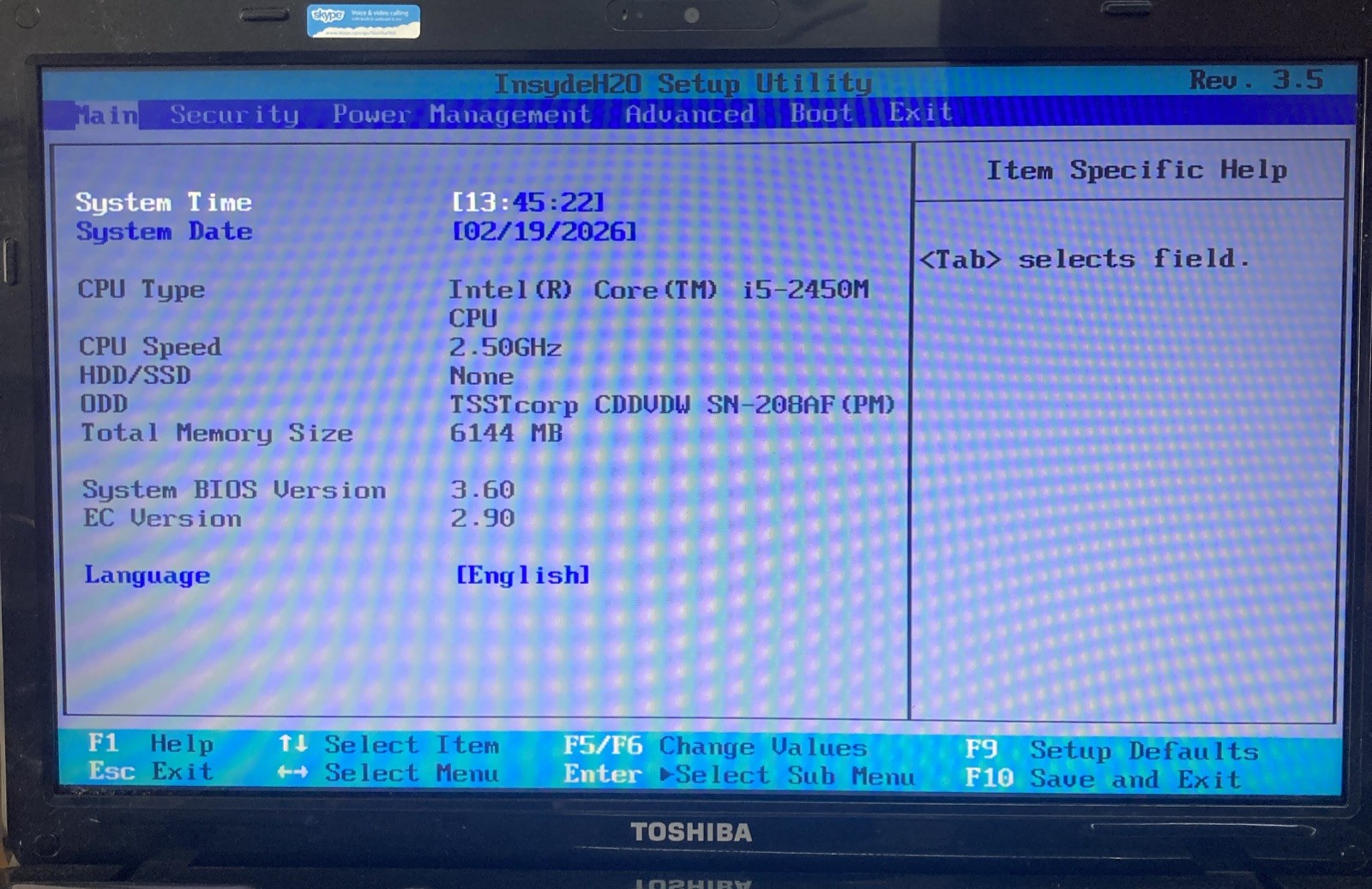 Toshiba Satellite L755-S5170 Intel i5-2450M 6GB 2.50GHz Boot to BIOS