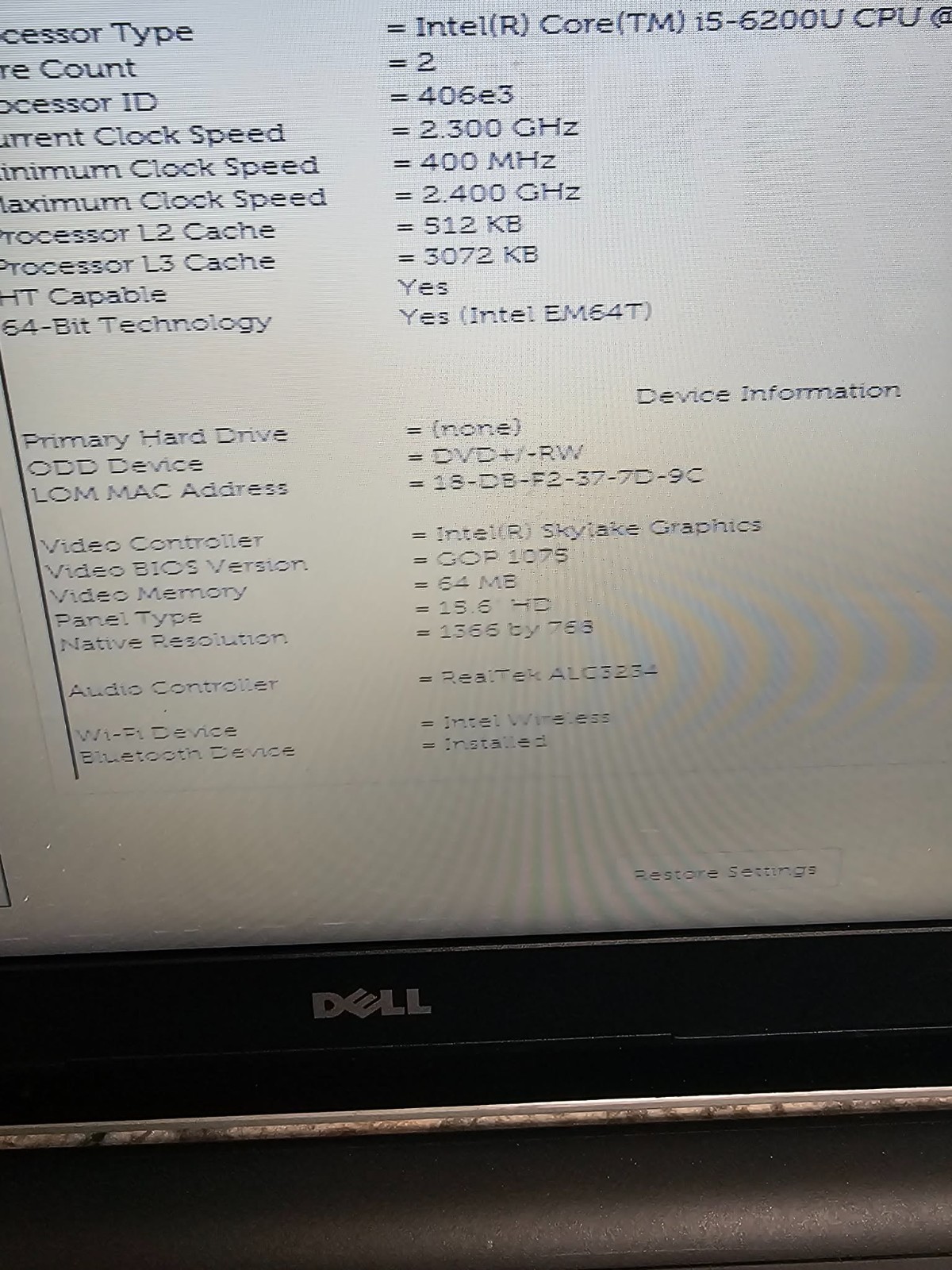 Dell INSPIRON 15 5559 5000 Series Laptop i5-6200U 2.30GHz 8GB RAM Clean NO HD/OS