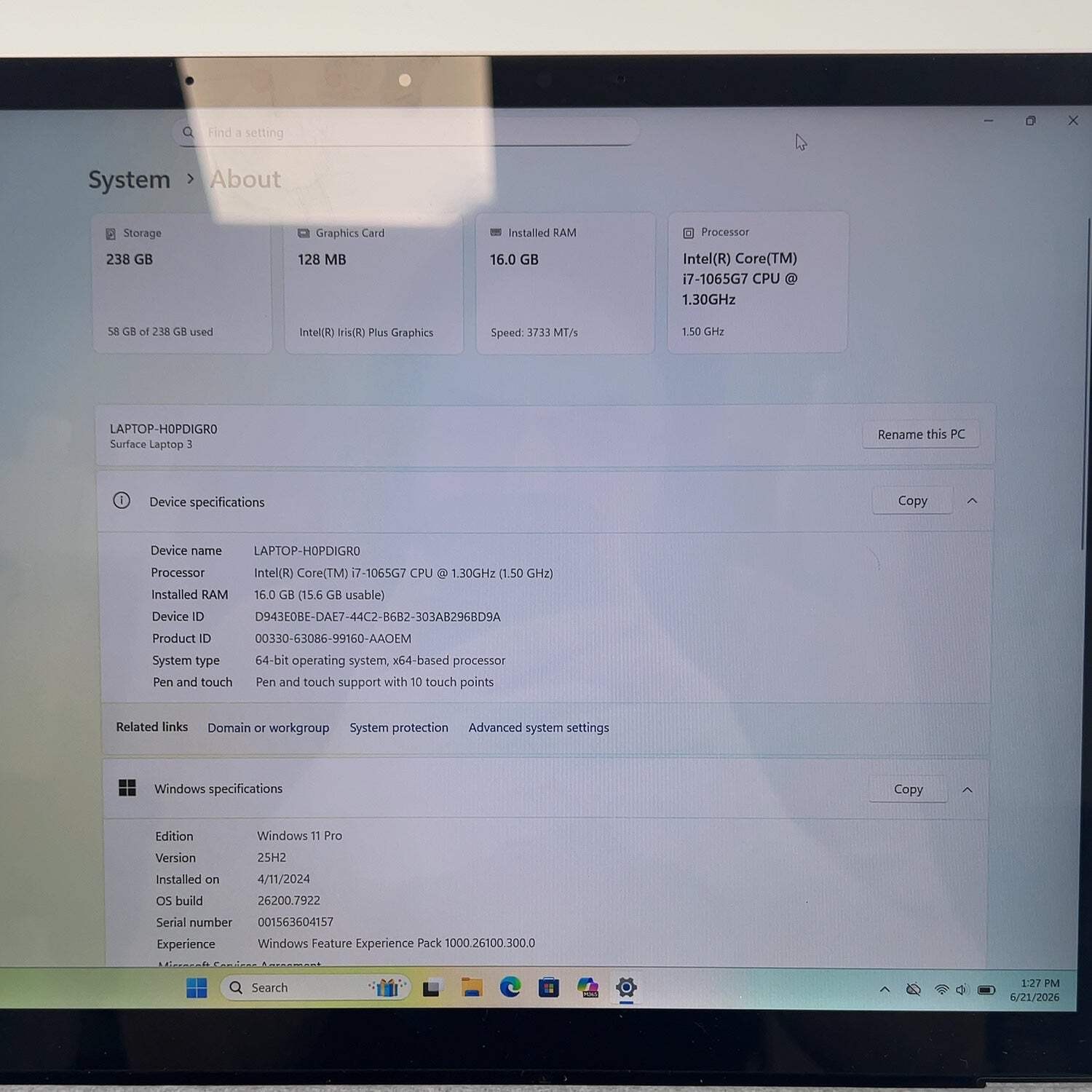 Microsoft Surface Laptop 3 1867 13.5″ i7-1065G7 1.3GHz 16GB RAM 256GB SSD READ