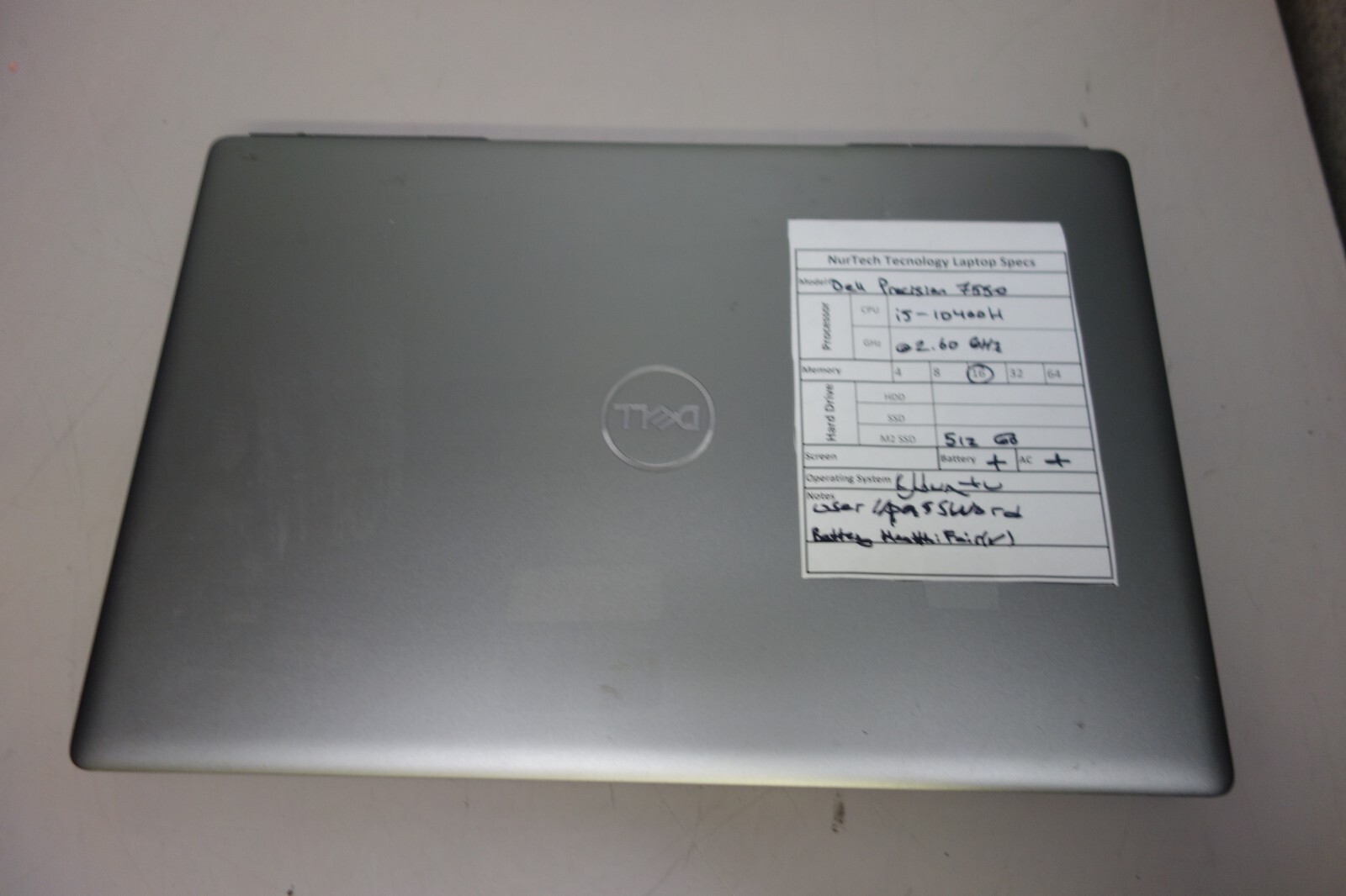 Dell Precision 7550 15.6″ i5-10400H 2.6GHz 16GB/512GB m2 SSD UBUNTU Laptop + AC
