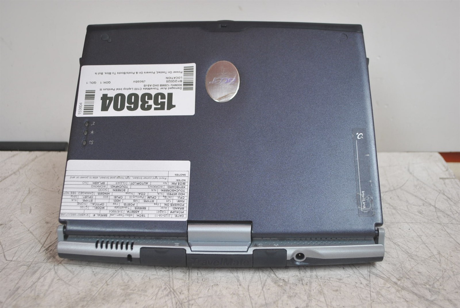 Damaged Acer TravelMate C100 Laptop Intel Pentium III 900MHz 128MB 0HD AS-IS