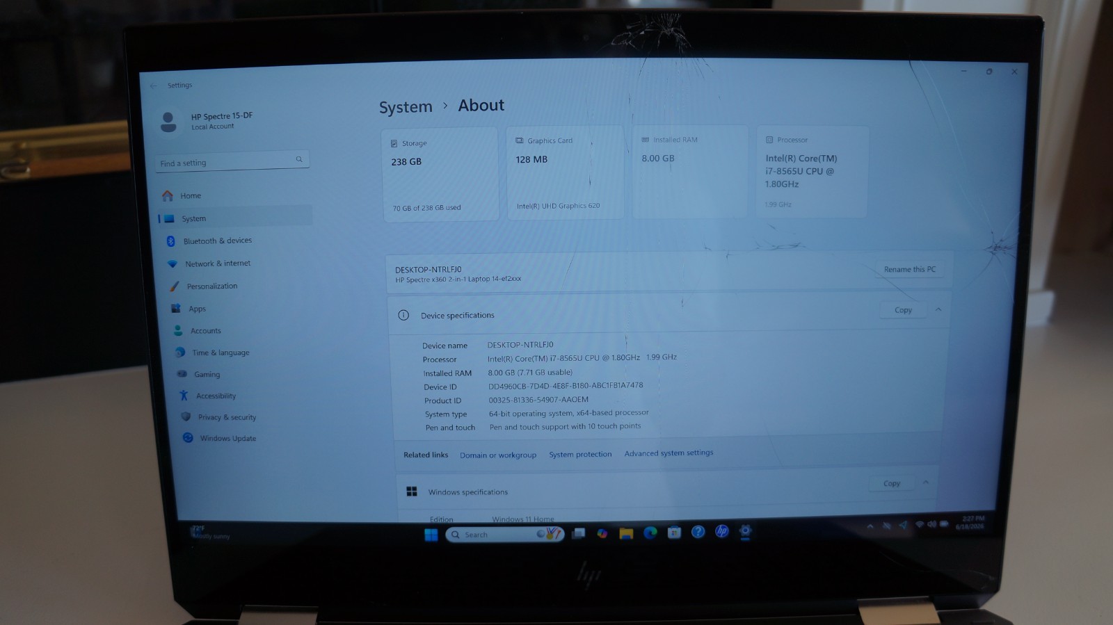 HP Spectre x360 15-DF i7-8565U 1.8GHz 8GB RAM 256GB SSD 4K Display, READ.
