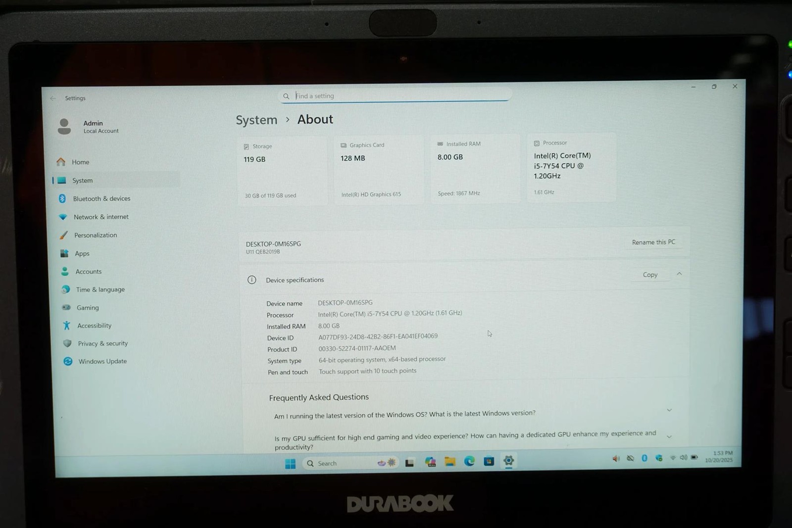 DURABOOK U11 Rugged 11.6″ Core i5-7Y54 1.2GHz 8GB 128GB Touch