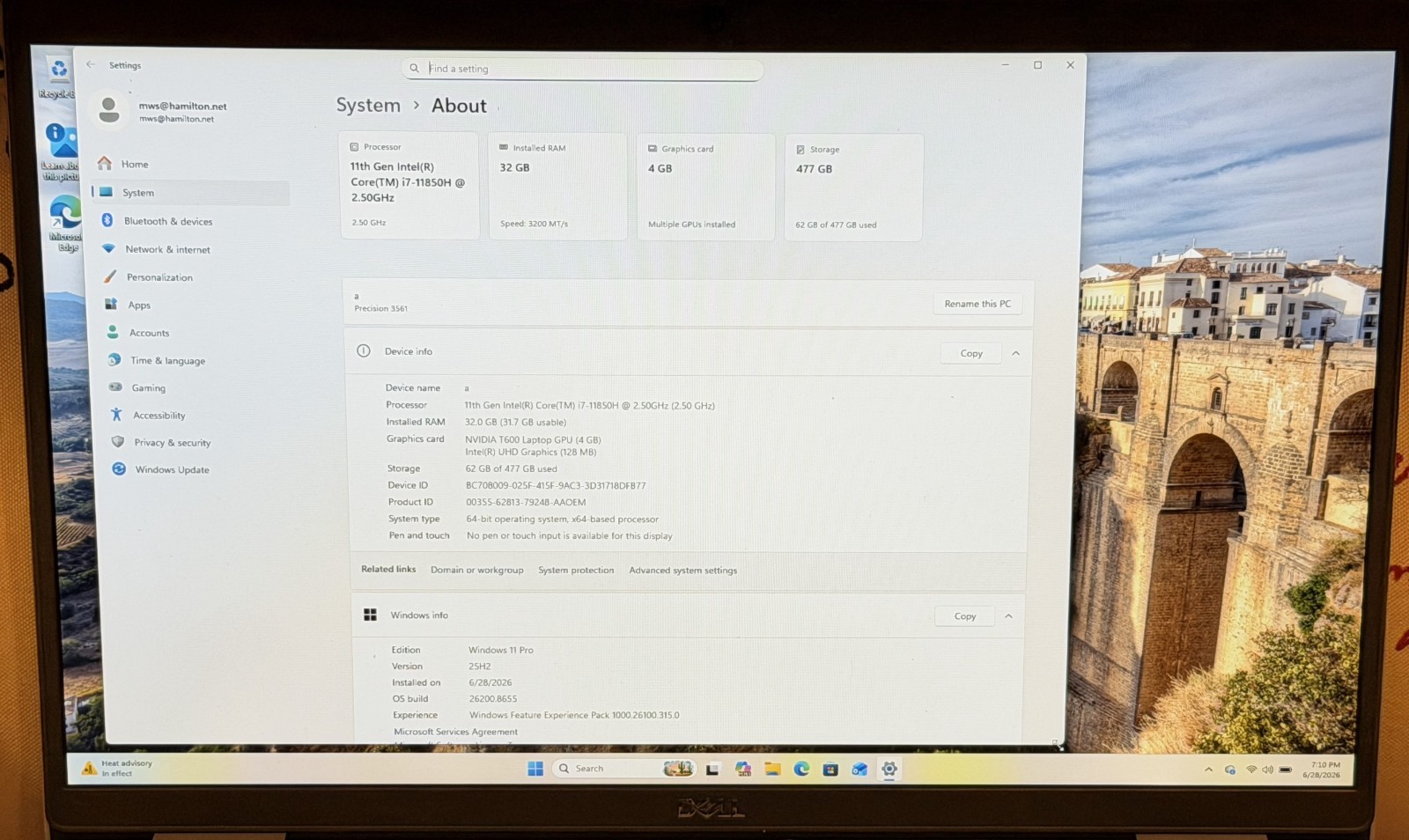 Dell Precision 3561 i7-11850H 2.5GHz 32GB Ram 512GB NVME Win 11, Dock & Charger