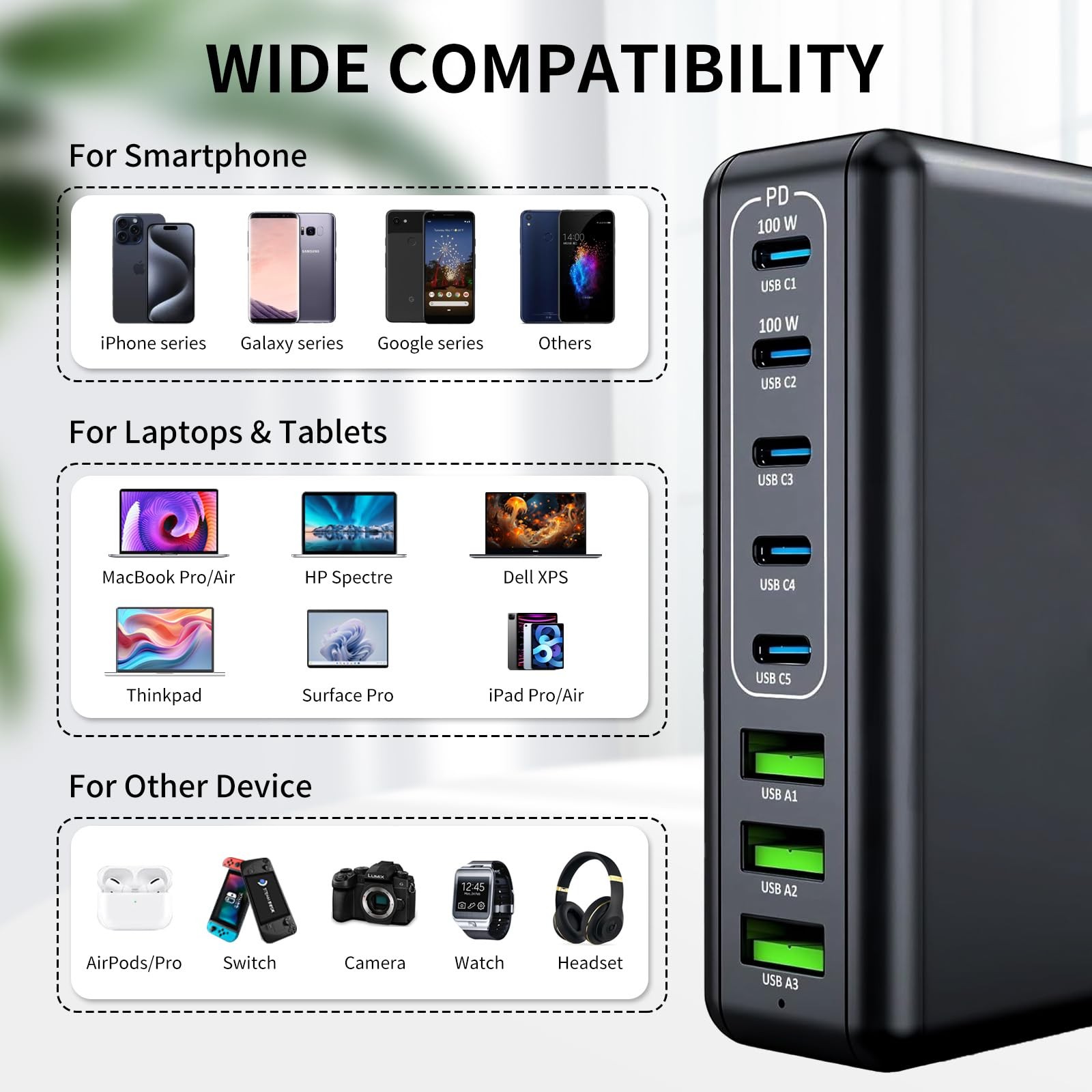 400W USB C Charger Block 8-Port GaN III Fast Charging Station + iWatch Wireless
