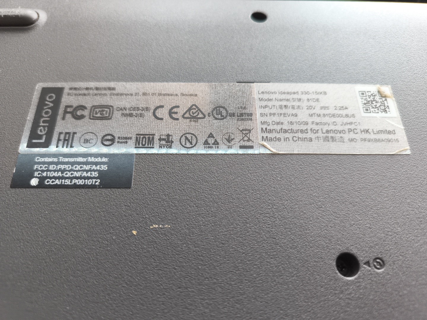 Lenovo Ideapad 330S-15IKB i3-8130U 8GB RAM No Hard Drive Laptop, Chin Bezel Off