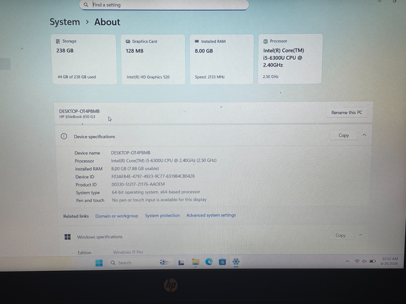 HP EliteBook 850 G3 – i5-6300u, 256G SSD, 8GB Ram, Windows 11