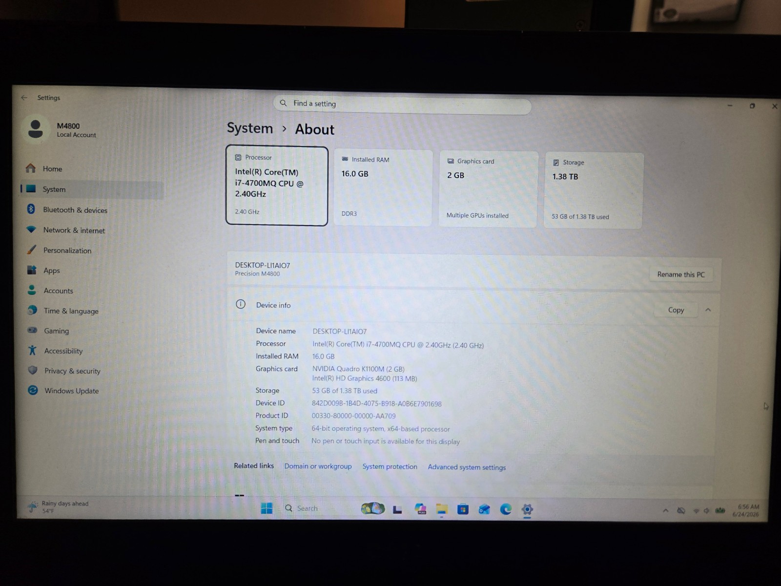Dell Precision M4800 Laptop 15.6″ Win11 i7-4700MQ CPU 16GB RAM 512GB SSD 1TB HDD