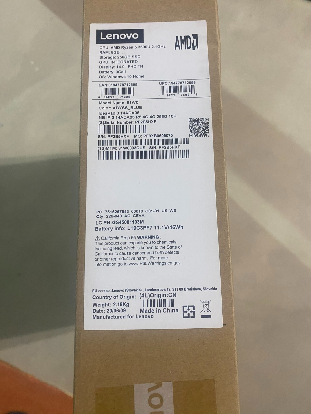 LENOVO 14″ IDEAPAD 3 AMD RYZEN 5 3500U 2.1 GHZ 256GB SSD 8GB