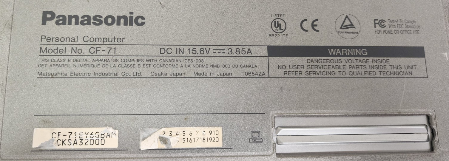 Panasonic Toughbook CF-71 Laptop PC T0654ZA NO HDD AS IS PARTS REPAIR READ! #A
