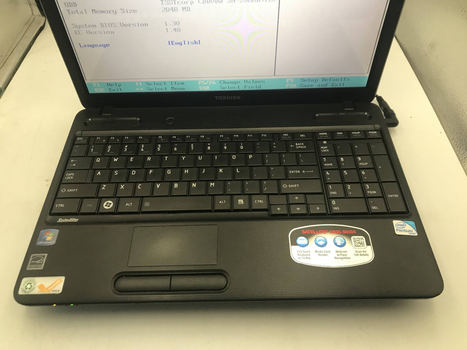 TOSHIBA SATELLITE C655 S5504 – BOOTS TO BIOS – INTEL PENTIUM B960 – 2GB RAM – BB