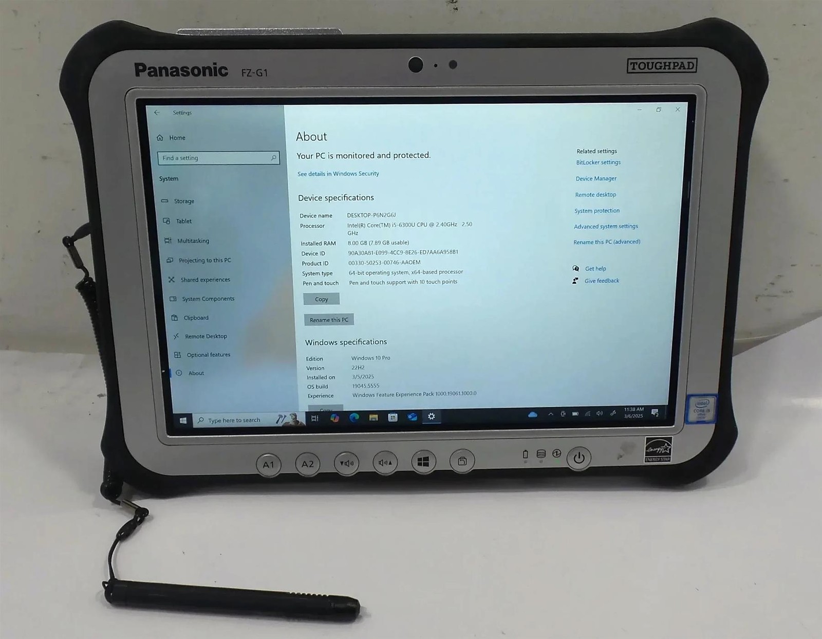 Panasonic Toughbook FZ-G1 Core i5-6300U 2.4GHz 8GB 256GB SSD Win 10 Pro