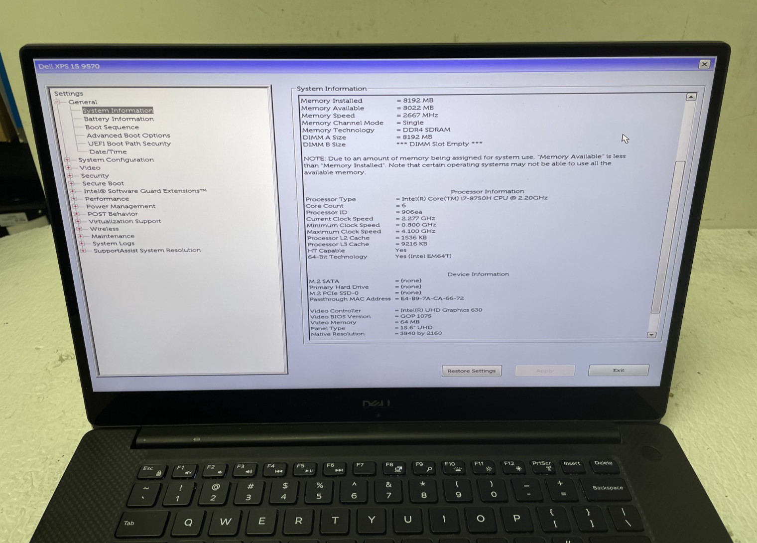 Dell XPS 15 9750 Intel i7-8750H @2.20 8GB RAM NO SSD Touchscreen Parts *READ