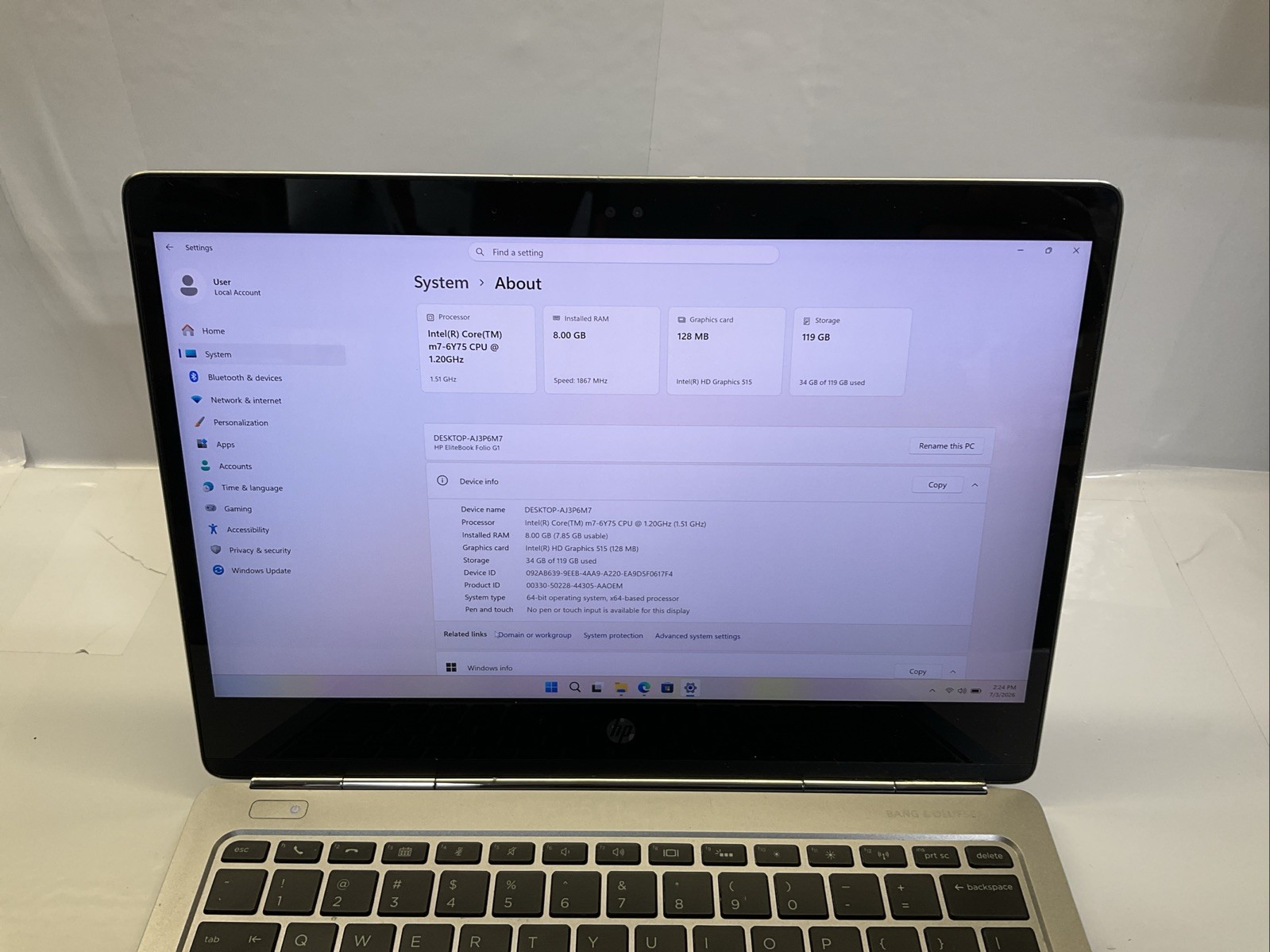 HP EliteBook Folio G1/ m7 Processor/ 8GB RAM/ 128GB SSD/W11/(132F)