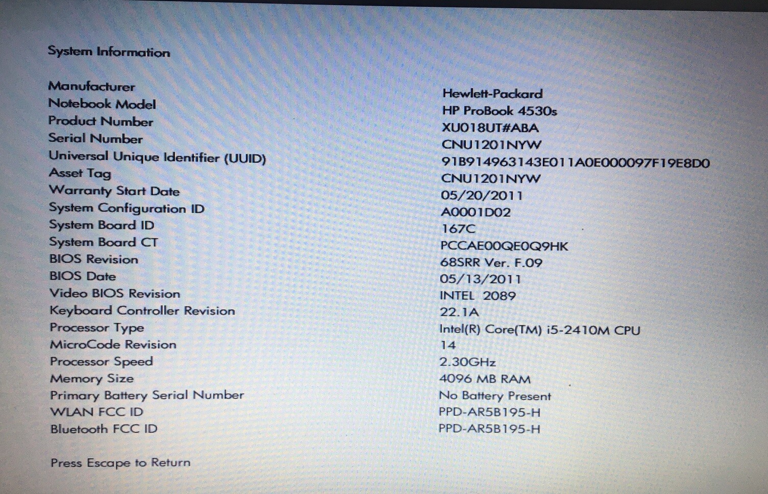 HP ProBook 4530s | i5-2410M 2.1GHz | 4GB RAM | NO OS/HDD – Boots to Bios