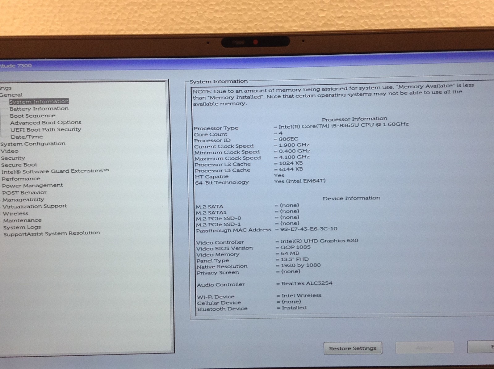 Dell Latitude 7300 13.3″ FHD Laptop i5-8365U 1.60GHz 8GB WiFi AC Adapter, NO HD
