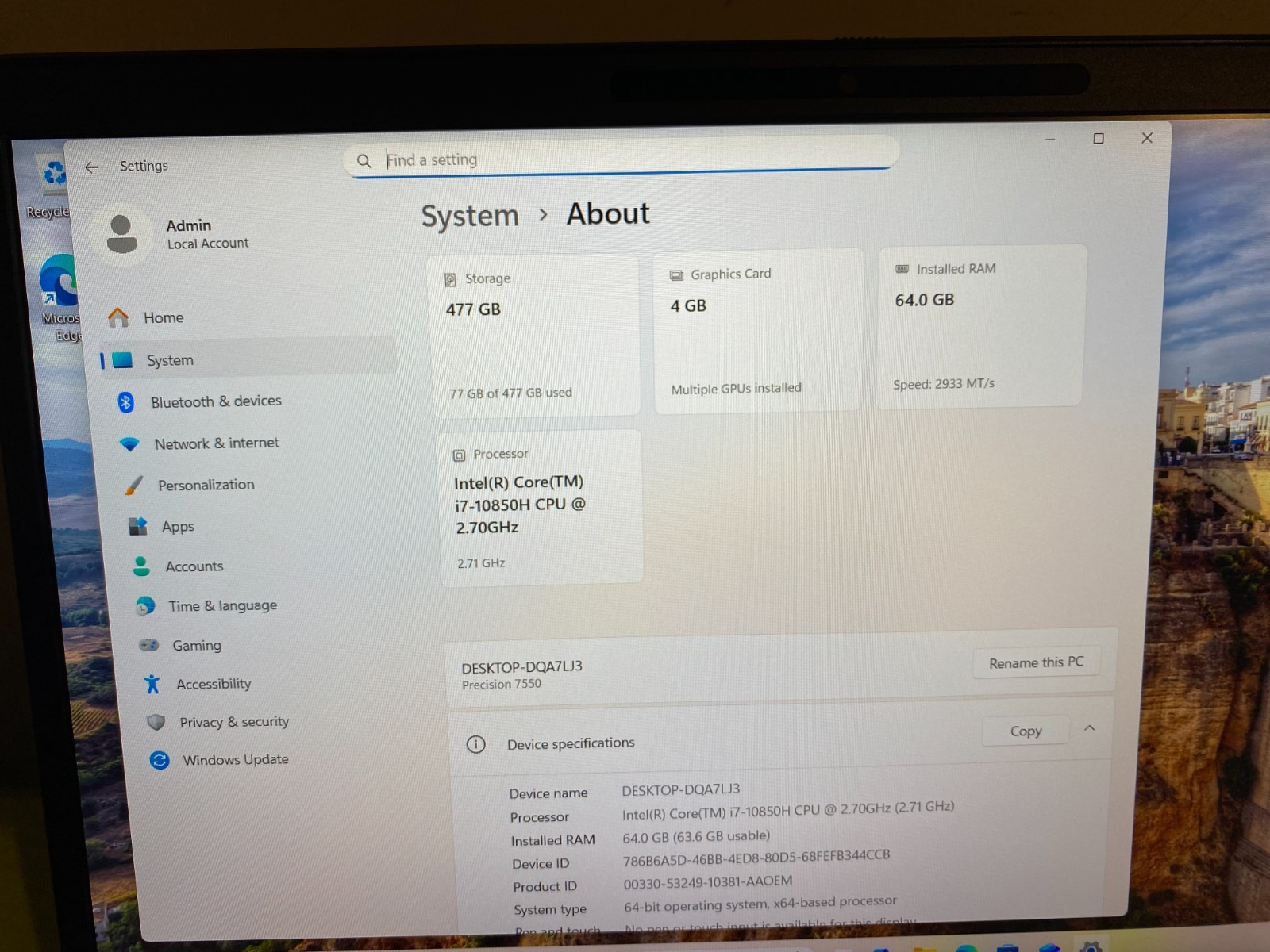 Dell Precision 7550 15.6″ Intel i7-10750H 64GB RAM 512B SSD NVIDIA Quadro T2000