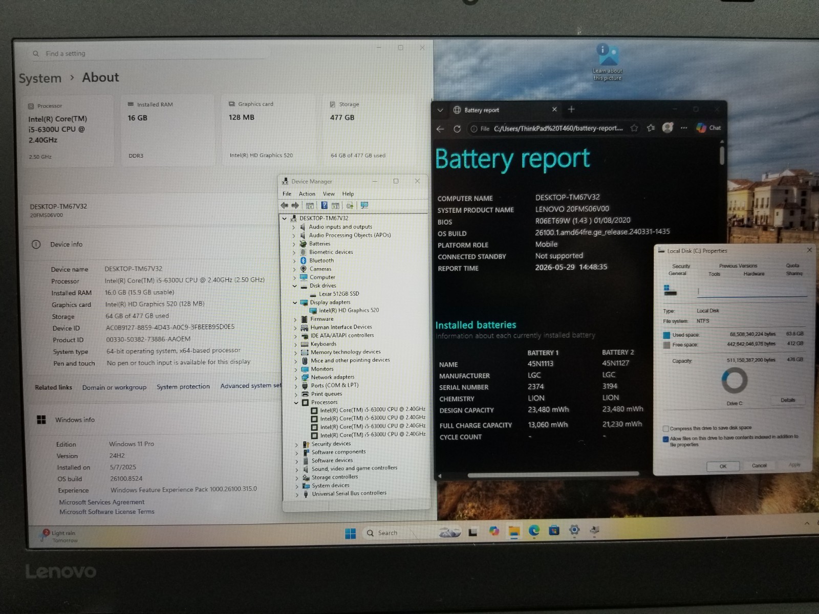Lenovo ThinkPad T460 14″ FHD i5-6300U 2.4GHz 16GB RAM 512GB SSD Win 11 Pro READ
