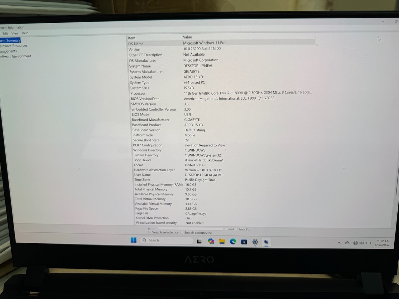 GIGABYTE AERO 15 OLED (1TB SSD, Intel Core i7-11800H, 2.3GHz, 16GB RAM, 3080) 