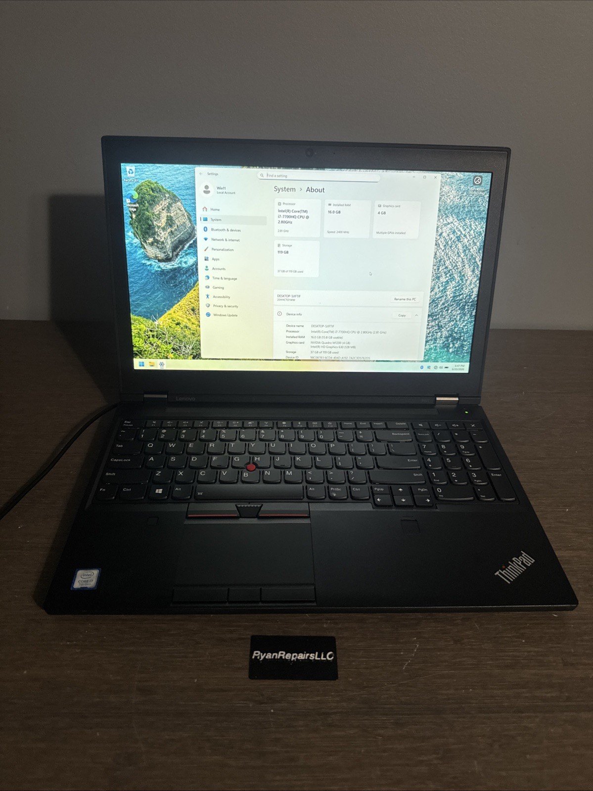Lenovo ThinkPad P51 Core i7-7700HQ 16GB Ram/120gb SSD Windows 11 BAD BATTERY
