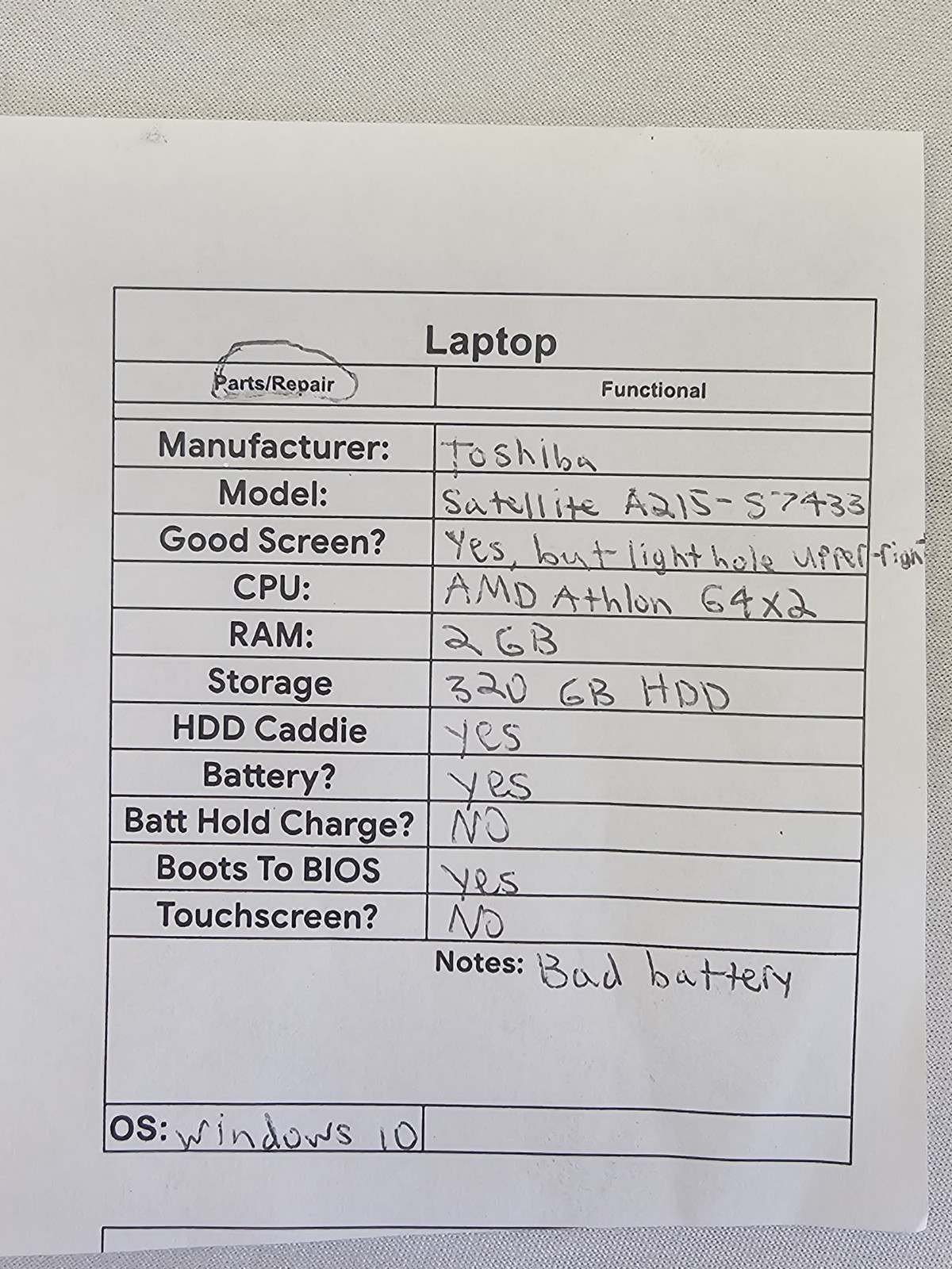 Toshiba Satellite A215-S7433 Laptop – AMD Athlon 64X2 – 2GB RAM – BAD BATT READ