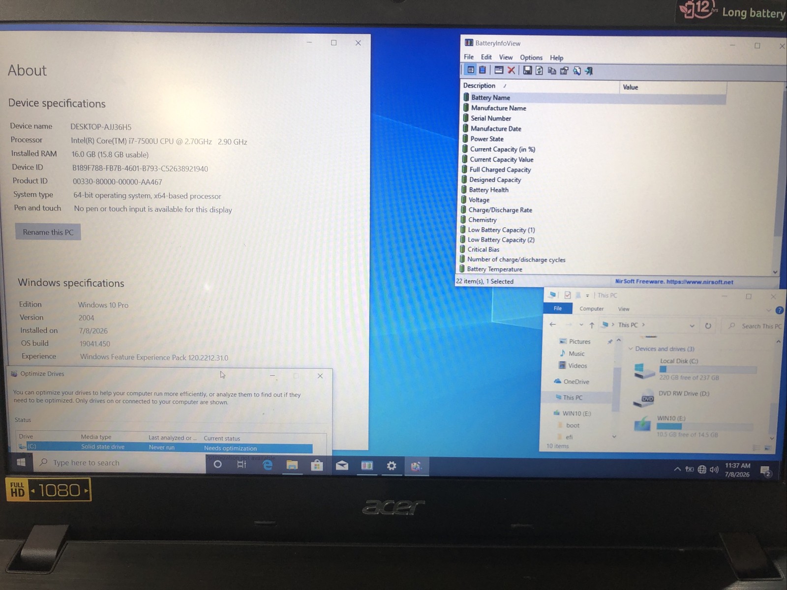Acer Aspire F 15, i7-7500U @2.7GHz, Nvidia Geforce 940MX 16GB RAM, 250GB SSD W10