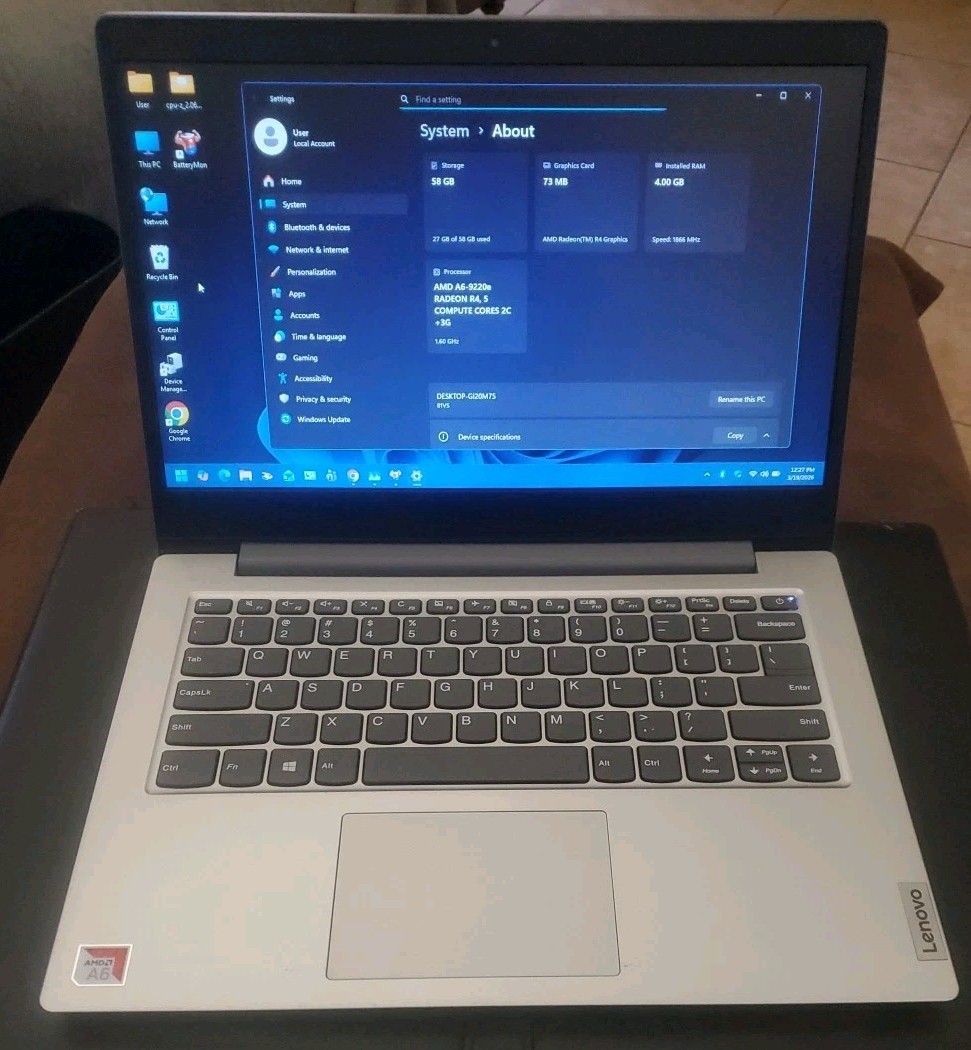 Lenovo IdeaPad Slim 1-14ast-05 Laptop AMD A6 2.4GHz 4GB 64gb SSD Wifi Webcam