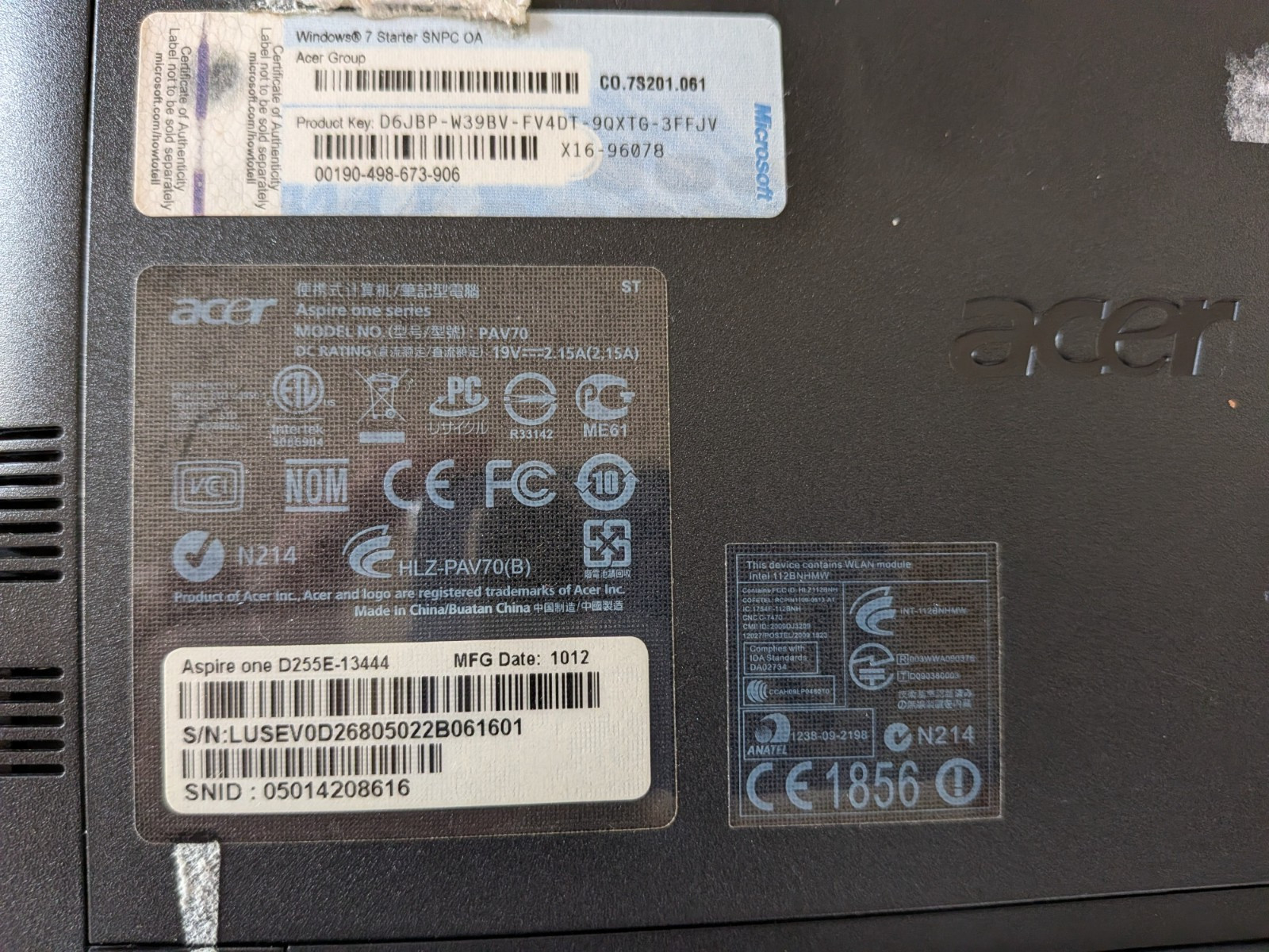 Acer Aspire One Blue D255E Laptop Atom N455 1GB RAM 250GB HD Windows 7 Works!