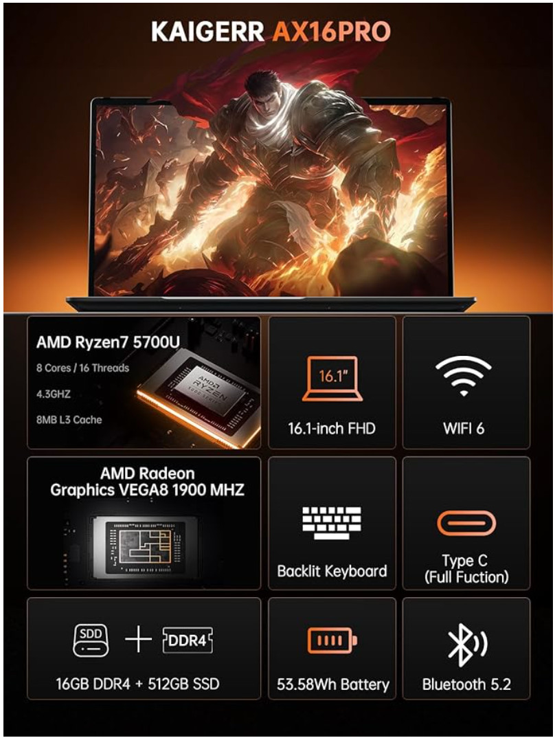 2025 AMD Laptop, 16.1inch Laptop Computer with AMD Ryzen 7 5700U