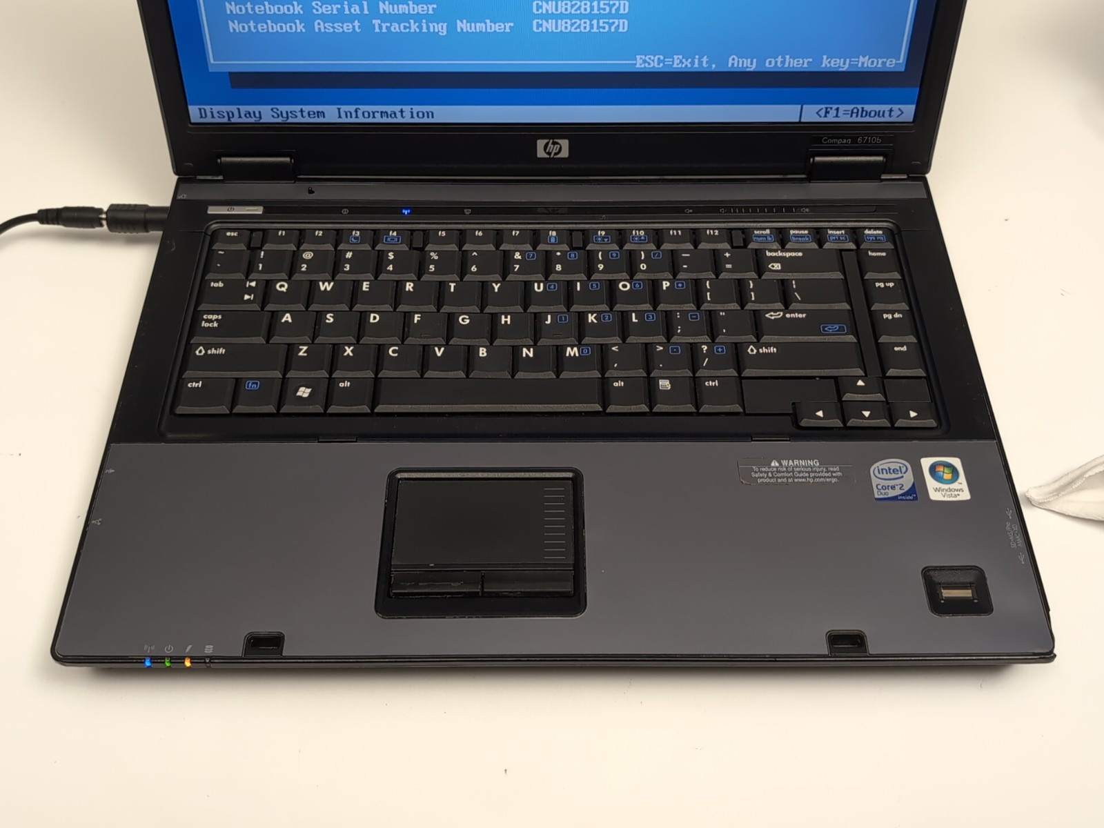 HP Compaq 6510b Intel Core 2 Duo 1.80 GHz 2GB RAM No HDD Boot to BIOS