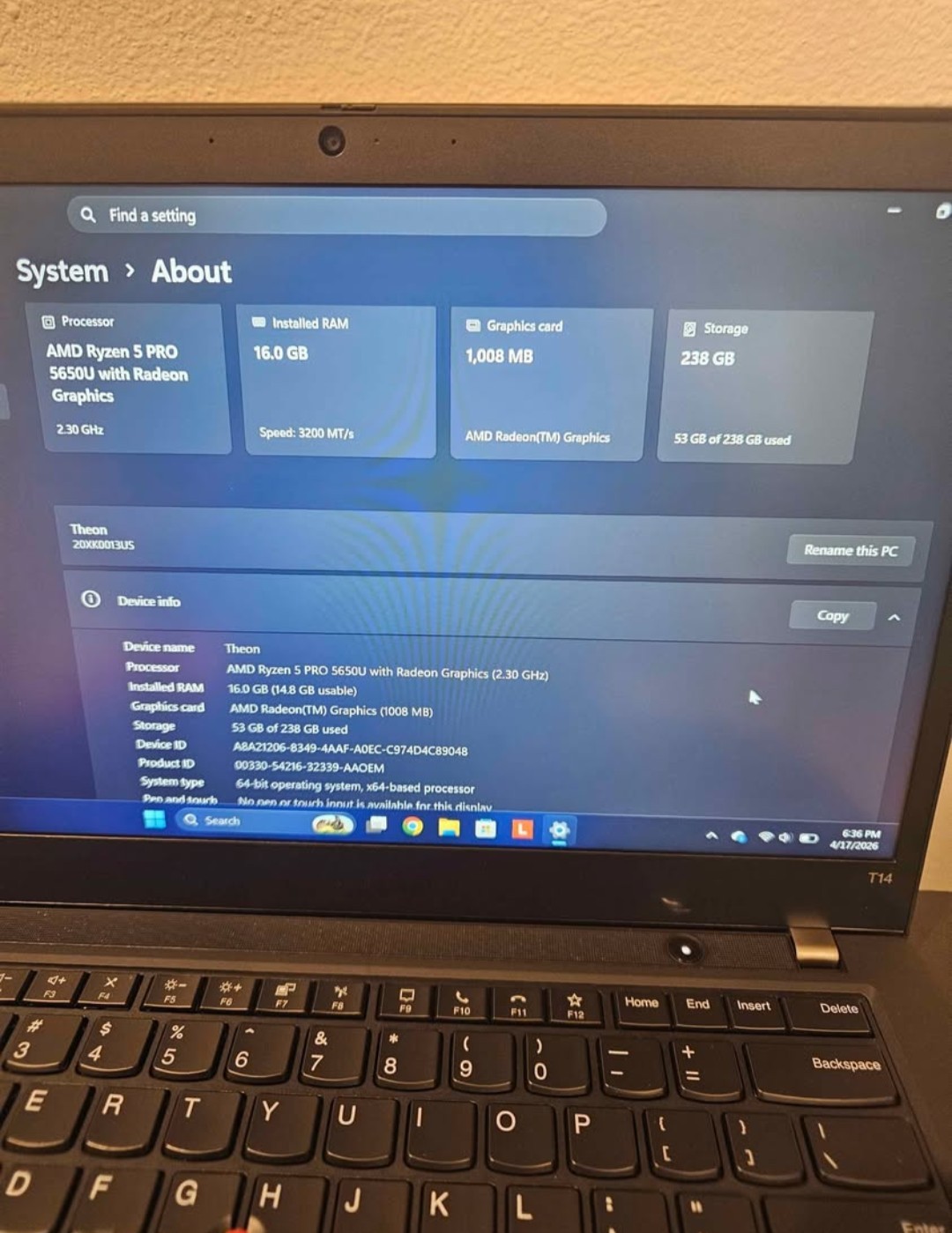 Lenovo ThinkPad T14 Gen2 14″ AMD Ryzen 5 PRO 5650U 2.3GHz 16GB / 256GB Excellent