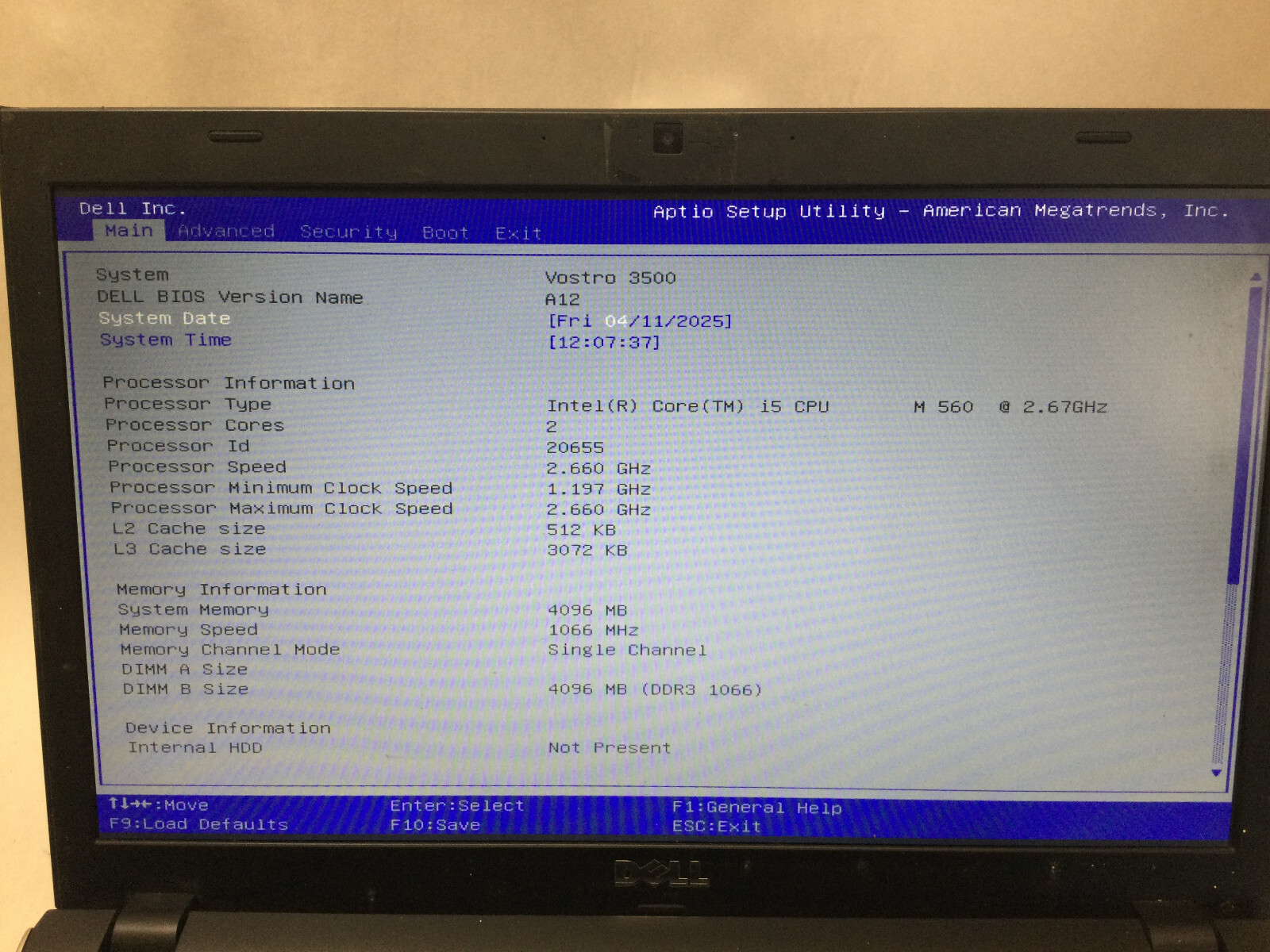 DELL VOSTRO 3500 – BOOTS TO BIOS – INTEL I5 M560 – NO RAM – READ DESCRIPTION -BB