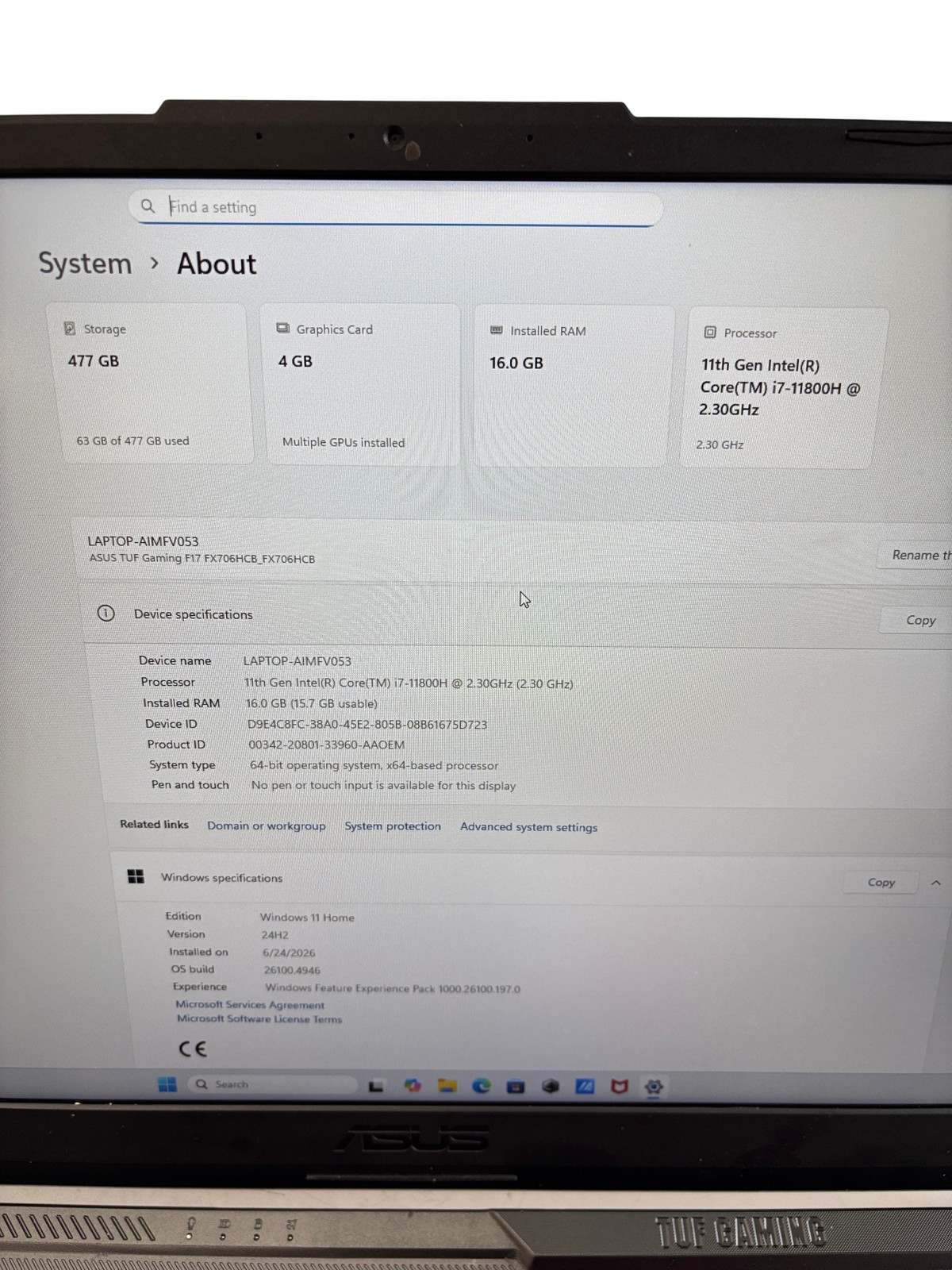 ASUS TUF F17 FX7065CB-MS71 Intel Core i7-118005 2.30GHz 16GB RAM 512GB SSD 17.3″