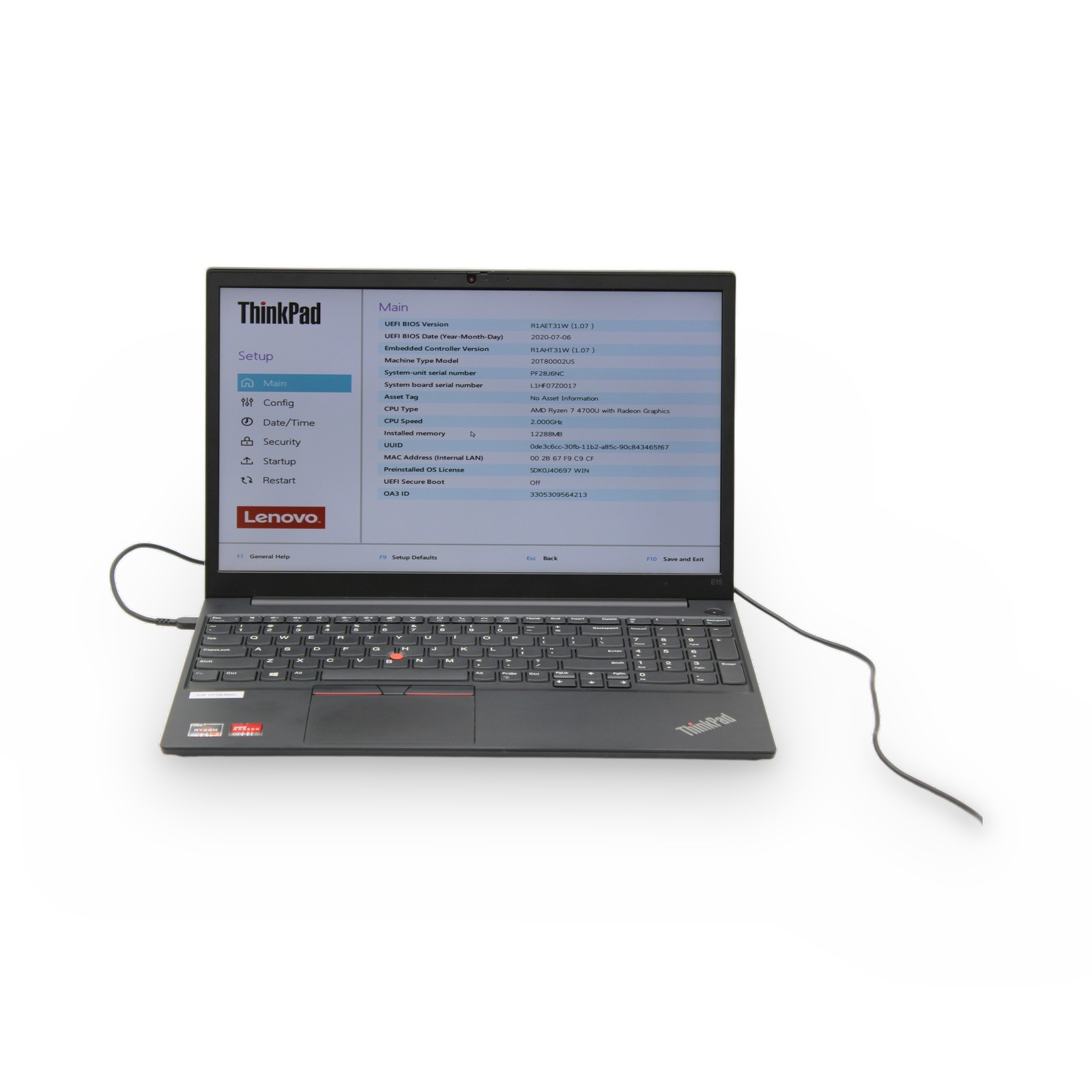 Lenovo ThinkPad E15 Gen 2 15.6in AMD Ryzen 7 4700U 12GB No OS, Drive, Power Cord