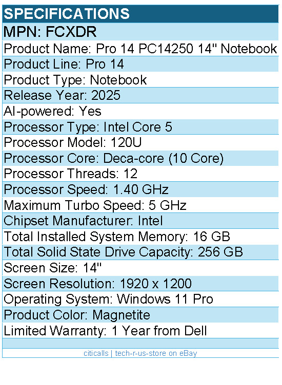 Dell FCXDR Pro 14 PC14250 14″ Notebook – Full HD Plus – 60 Hz – Intel Core 5