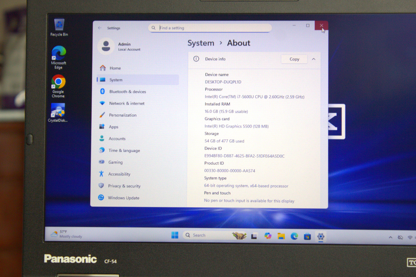 Panasonic Toughbook CF-54 i7-5600U 512GB SSD 16GB RAM DVD SmartCard AC Win11