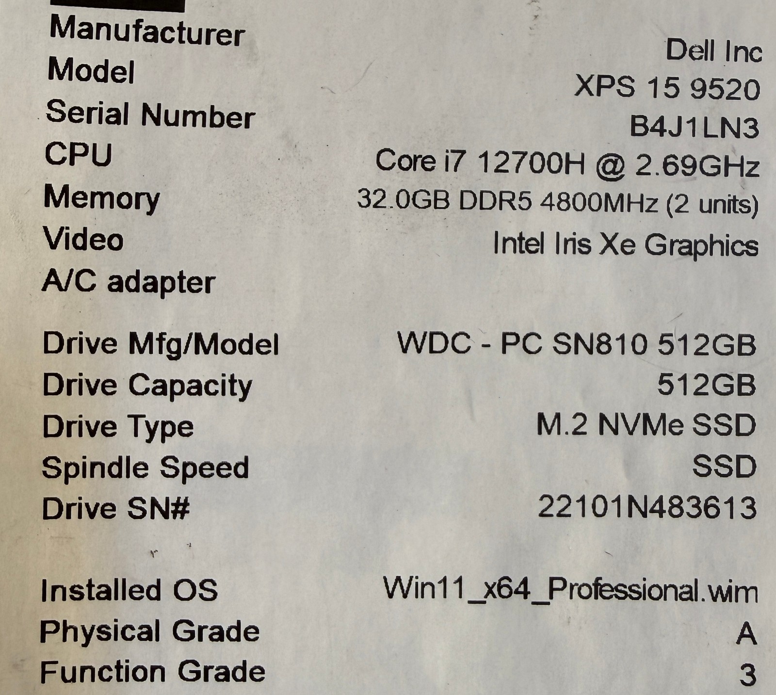Dell XPS 15 9520 Laptop i7-12700H 32GB RAM 512GB SSD Iris Xe Win 11 Pro