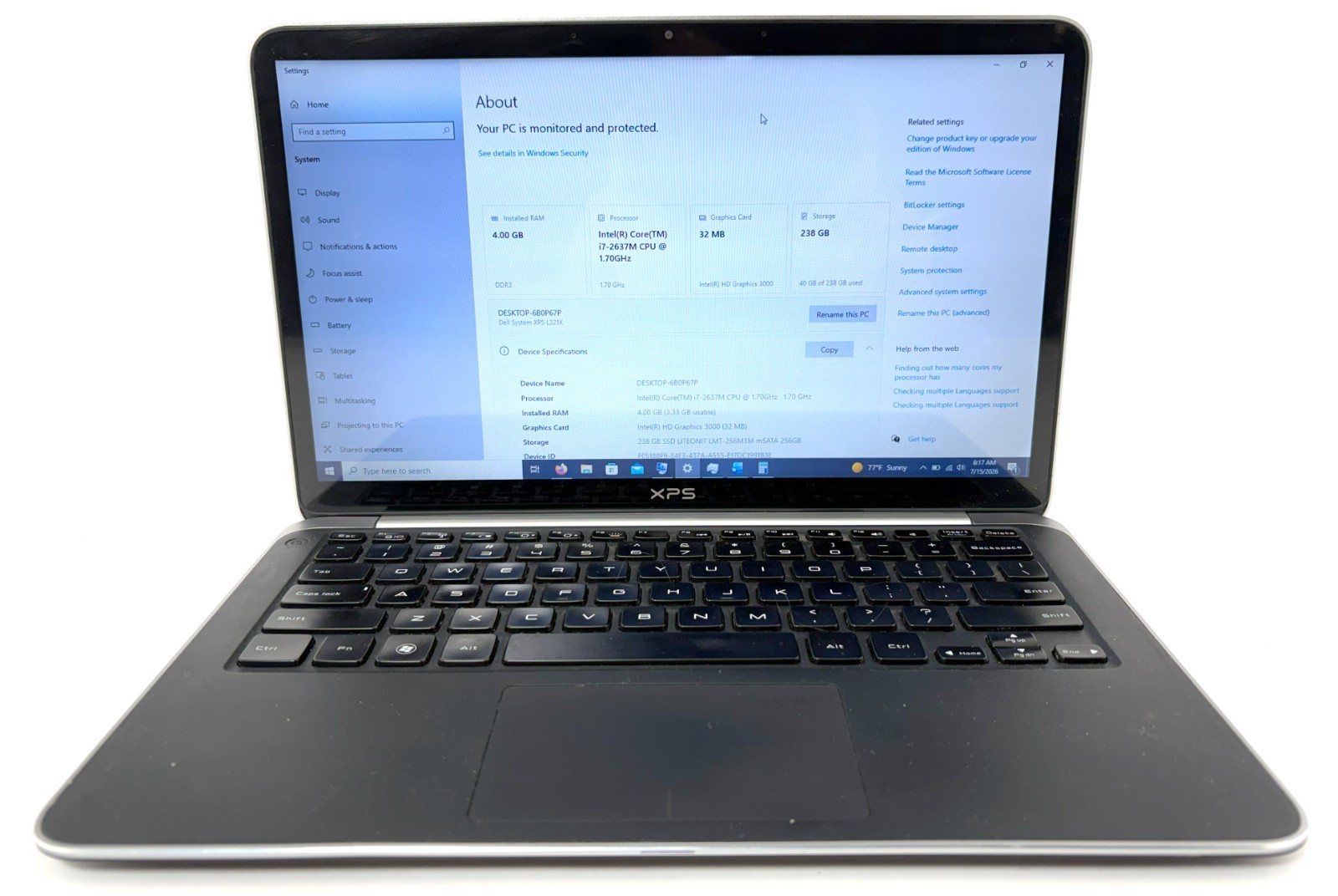 Dell System XPS L321X 13.3″ 256GB SSD 4GB RAM win 10 1.7GHz i7-2637M; 566104