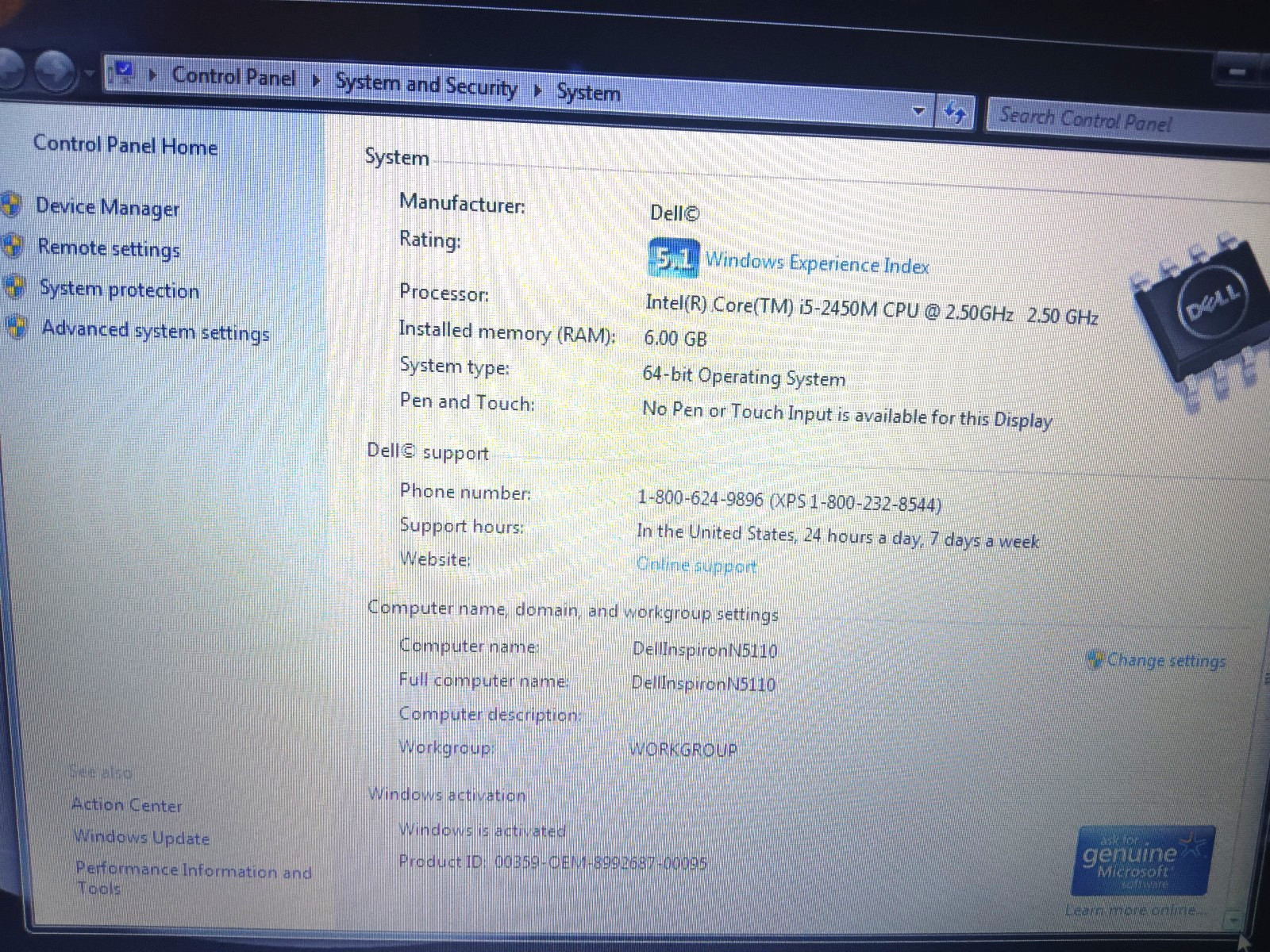 Dell Inspiron N5110/Core i5-2450M 2.50ghz/6gb/128gbSSD/Windows 7 Home/Web/BT/15.