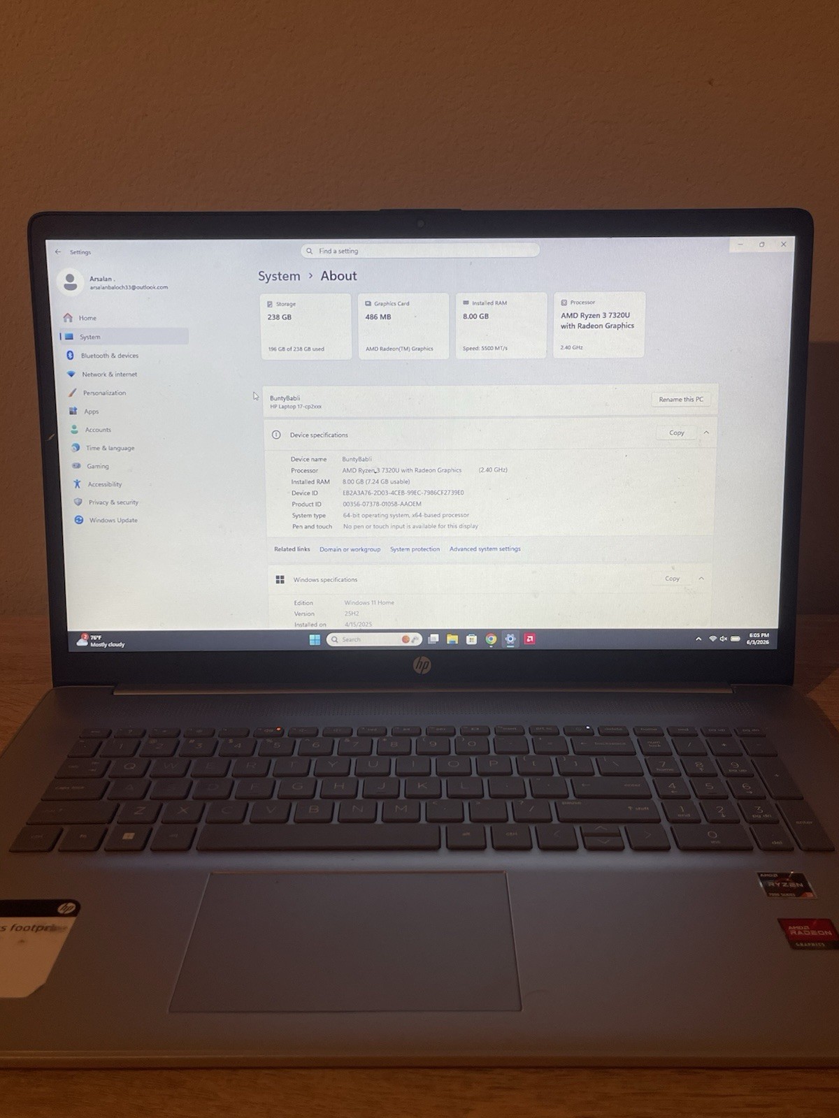 HP 17” Laptop Ryzen 3 7320U 8GB RAM 256GB SSD Windows 11 Home w/ Charger