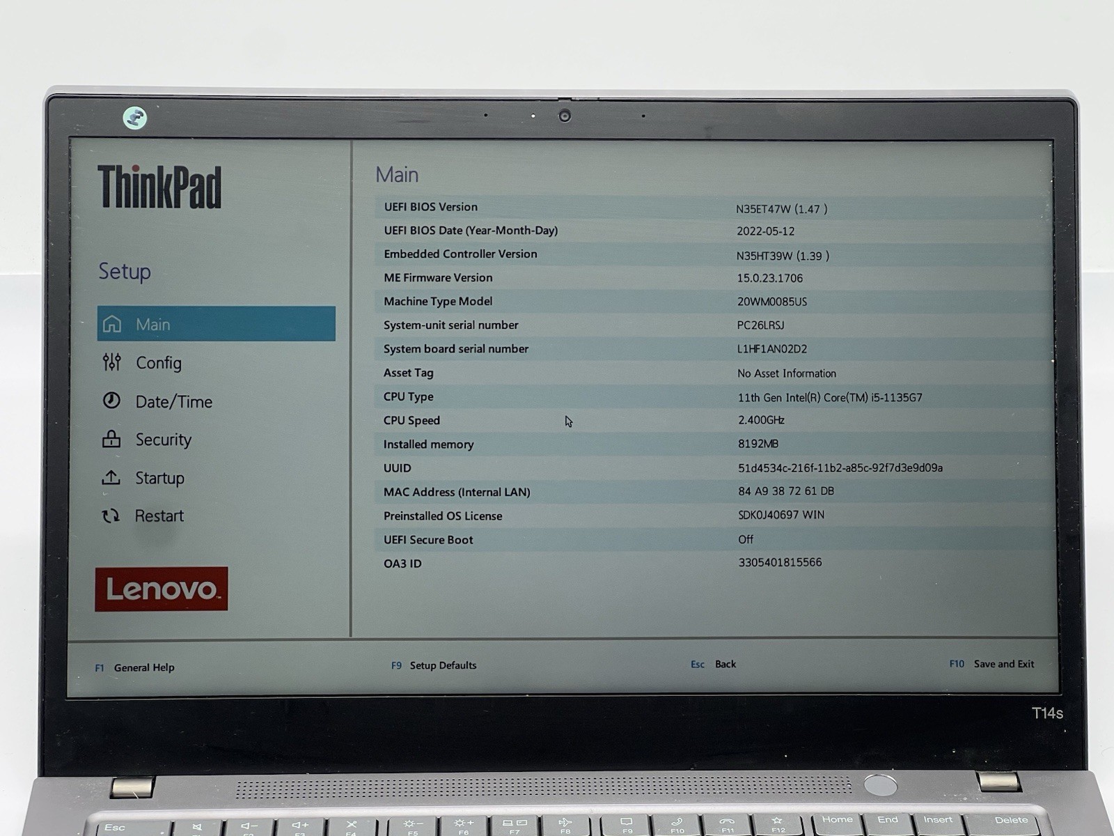 Lenovo ThinkPad T14s Gen 2i, i5-1135G7, @ 2.40GHz, 8GB RAM-No HDD/OS/Adapter