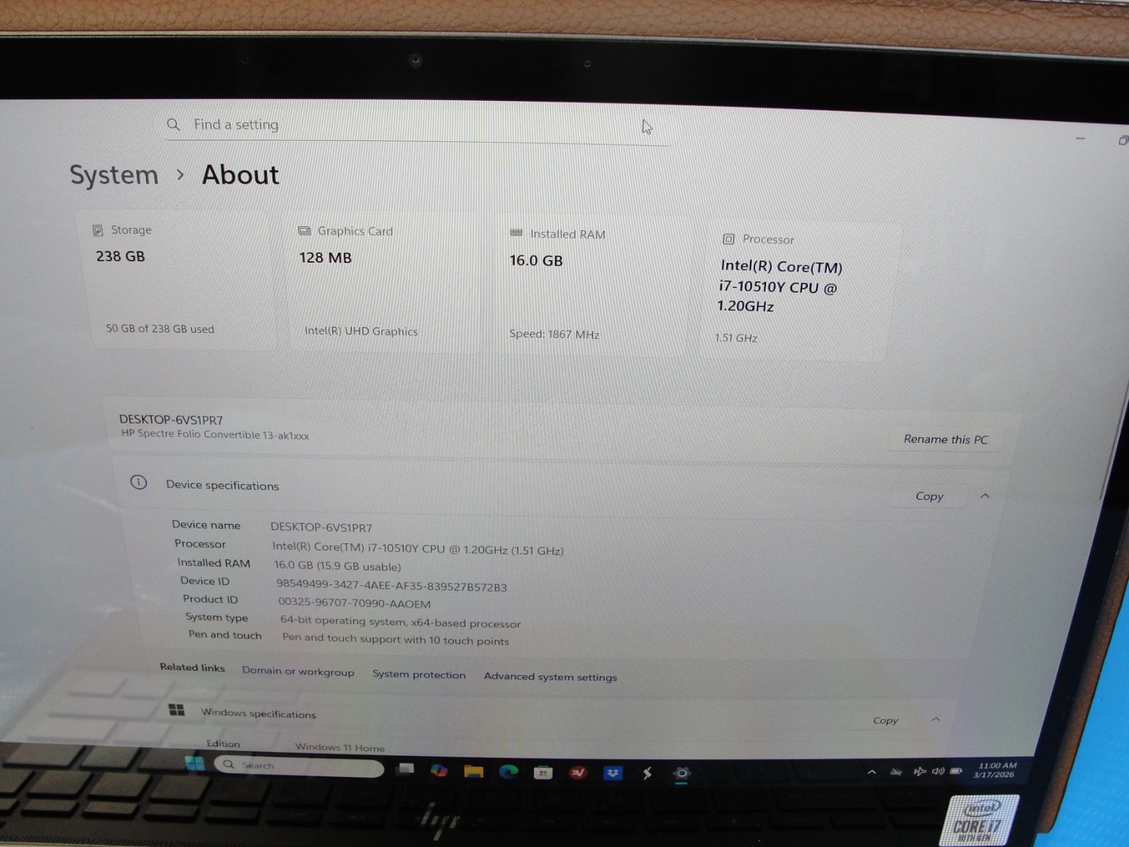 HP Spectre Folio X360 2-in-1 i7-10510Y 16GB 256GB 13.3″ FHD Touch Laptop /READ