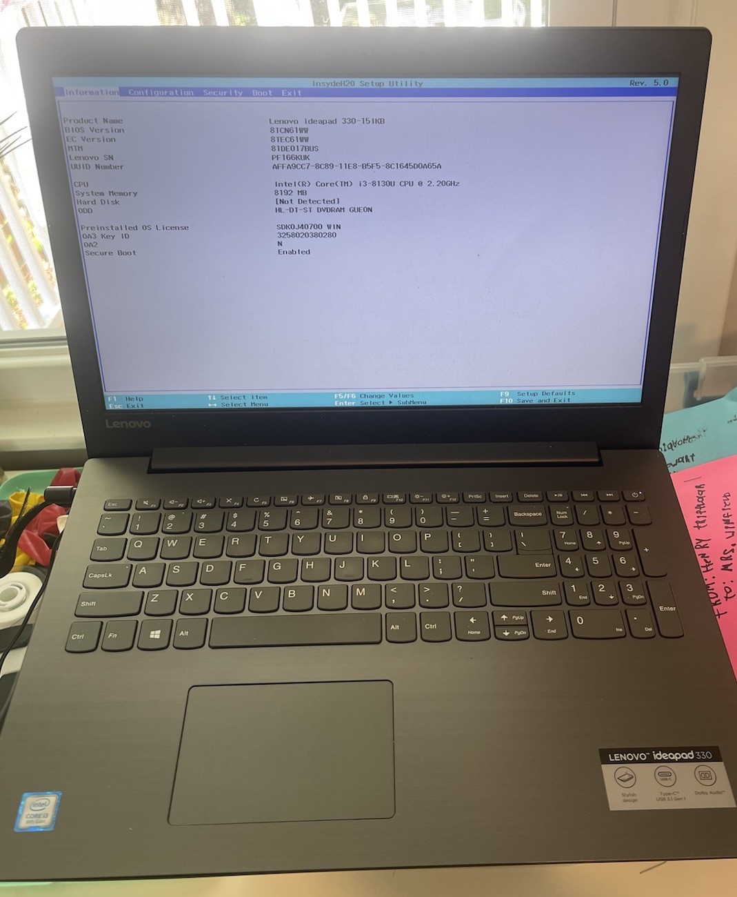 Lenovo Ideapad 330S-15IKB i3-8130U 8GB RAM No Hard Drive Laptop