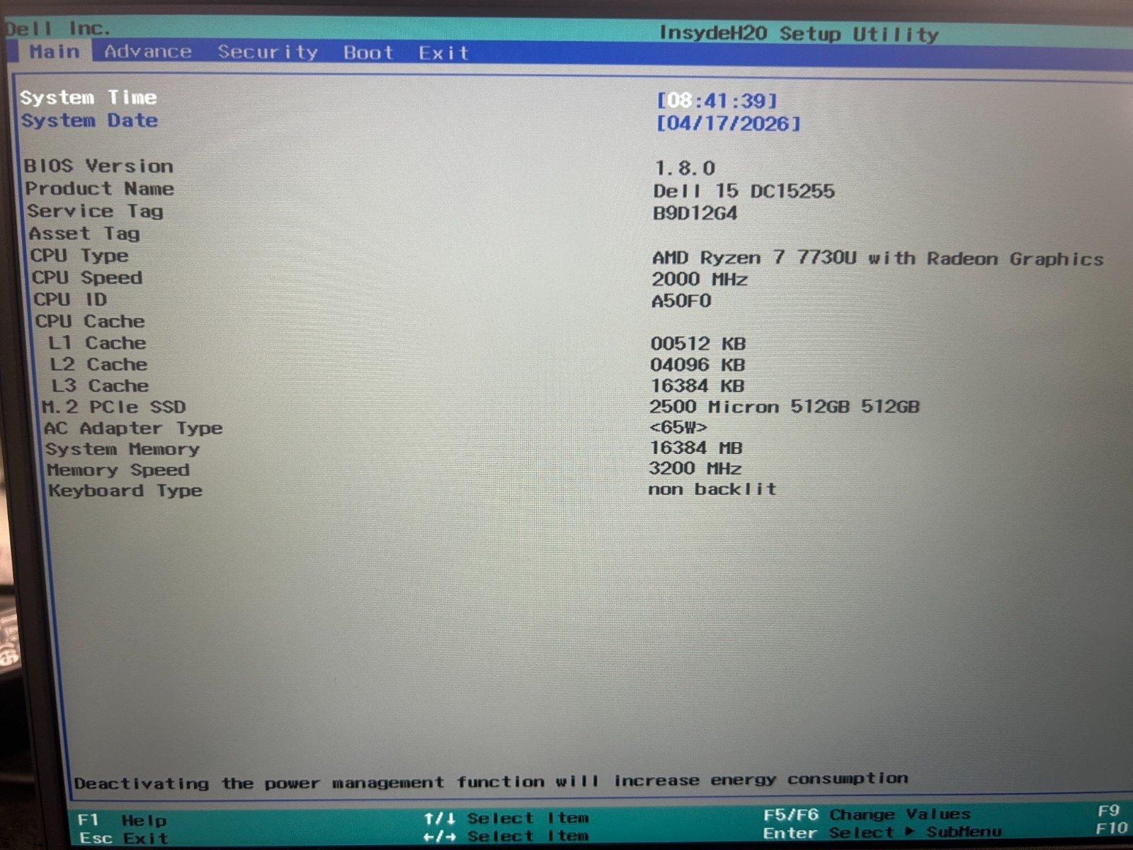 DELL 15 DC15255 G8MK9, AMD Ryzen 7 7730U, 2.00 GHz, 16 GB RAM 512 GB NVMe SSD