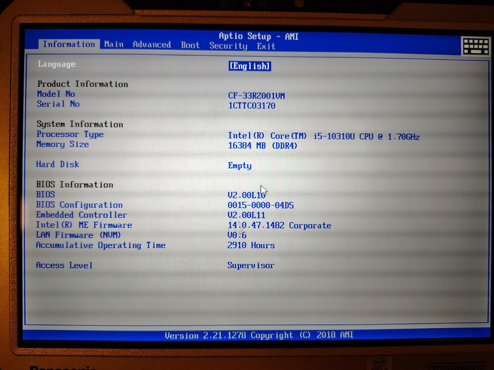 Panasonic Toughbook CF-33 Core i5-10310U@1.70GHz, 16GB RAM, NO SSD/OS