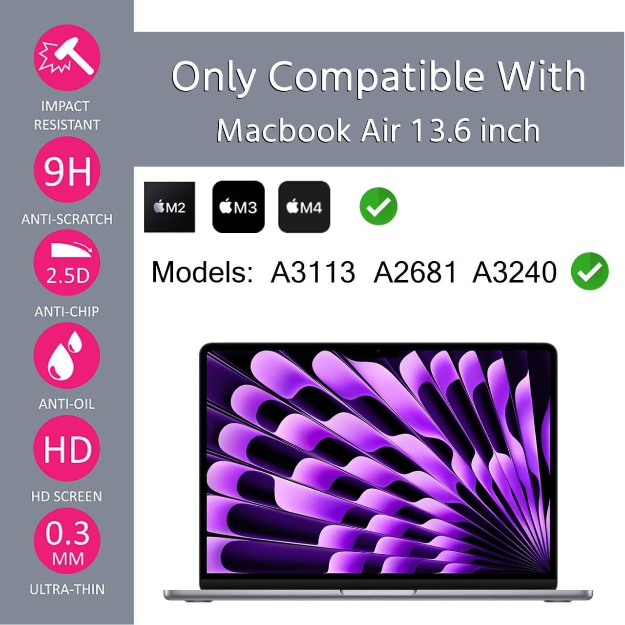 Tempered Glass Screen Protector for MacBook Air 13.6 Inch, Compatible with 2026-