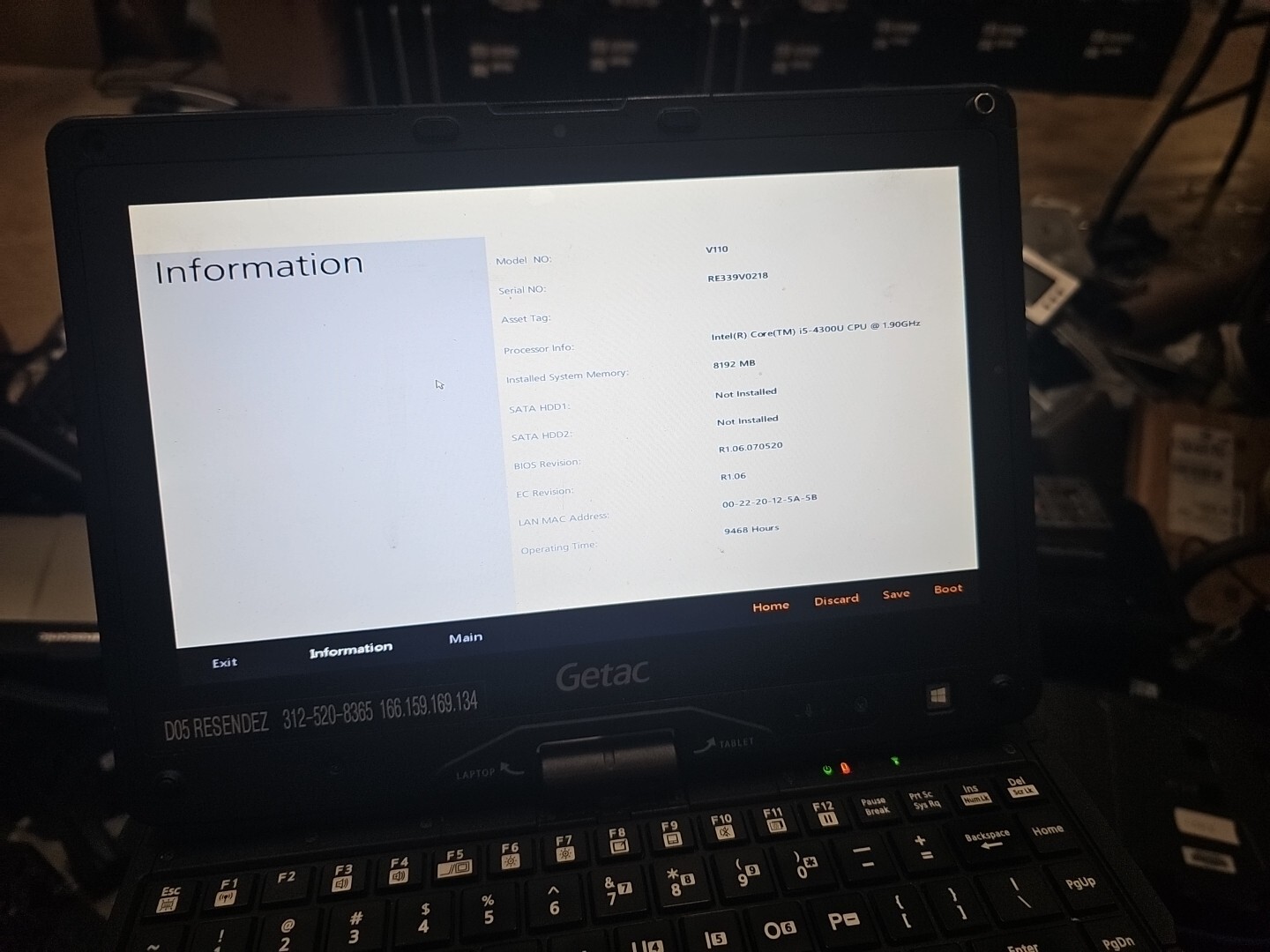 GETAC V110 Laptop Tablet Touch Screen i5-4300U 1.90GHz 8gB No HDD 9468hrs