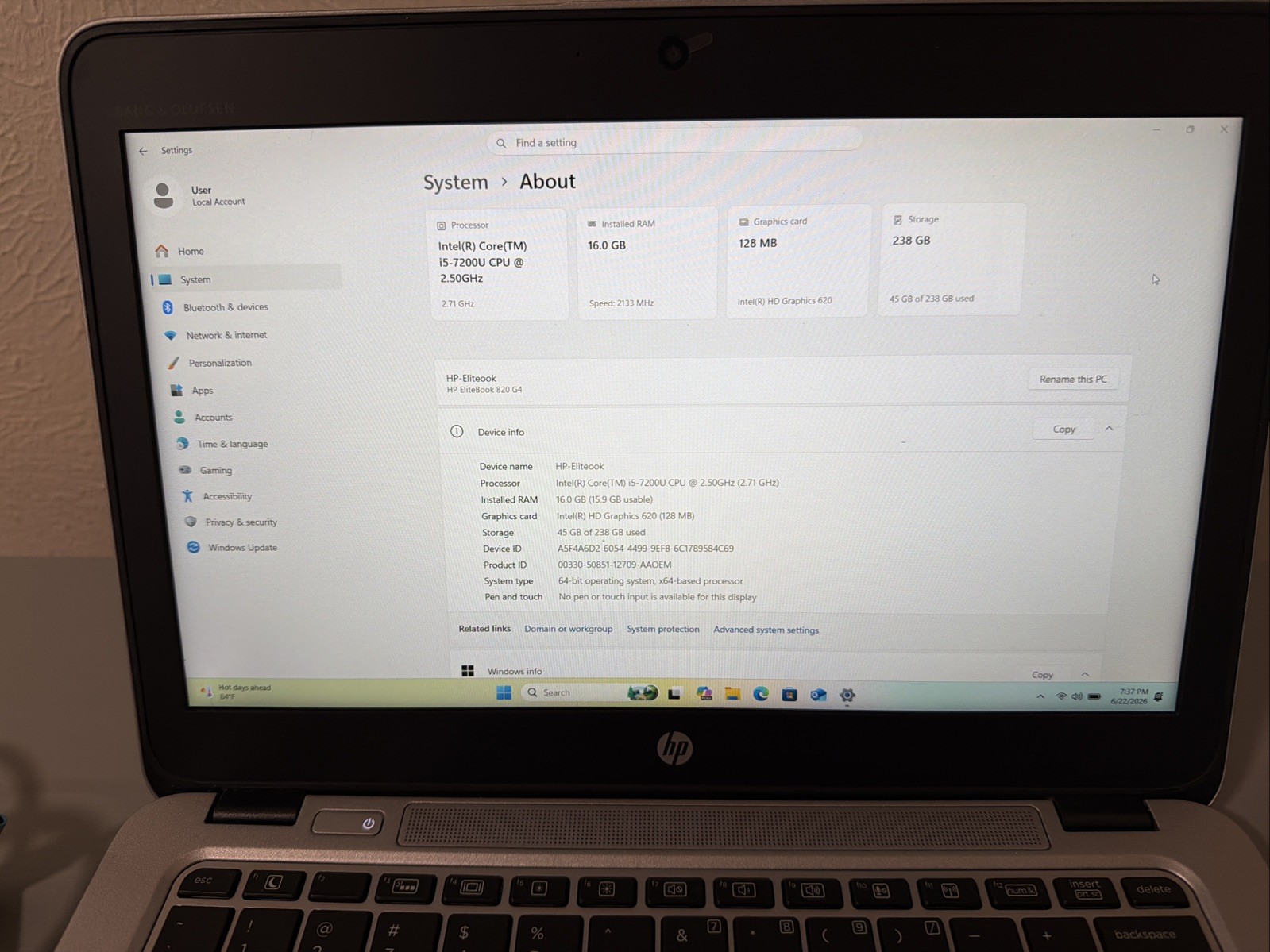 HP EliteBook 820 G4 12.5″ Intel i5-7200U 2.7GHz 16GB 256GB SSD Windows 11 Pro