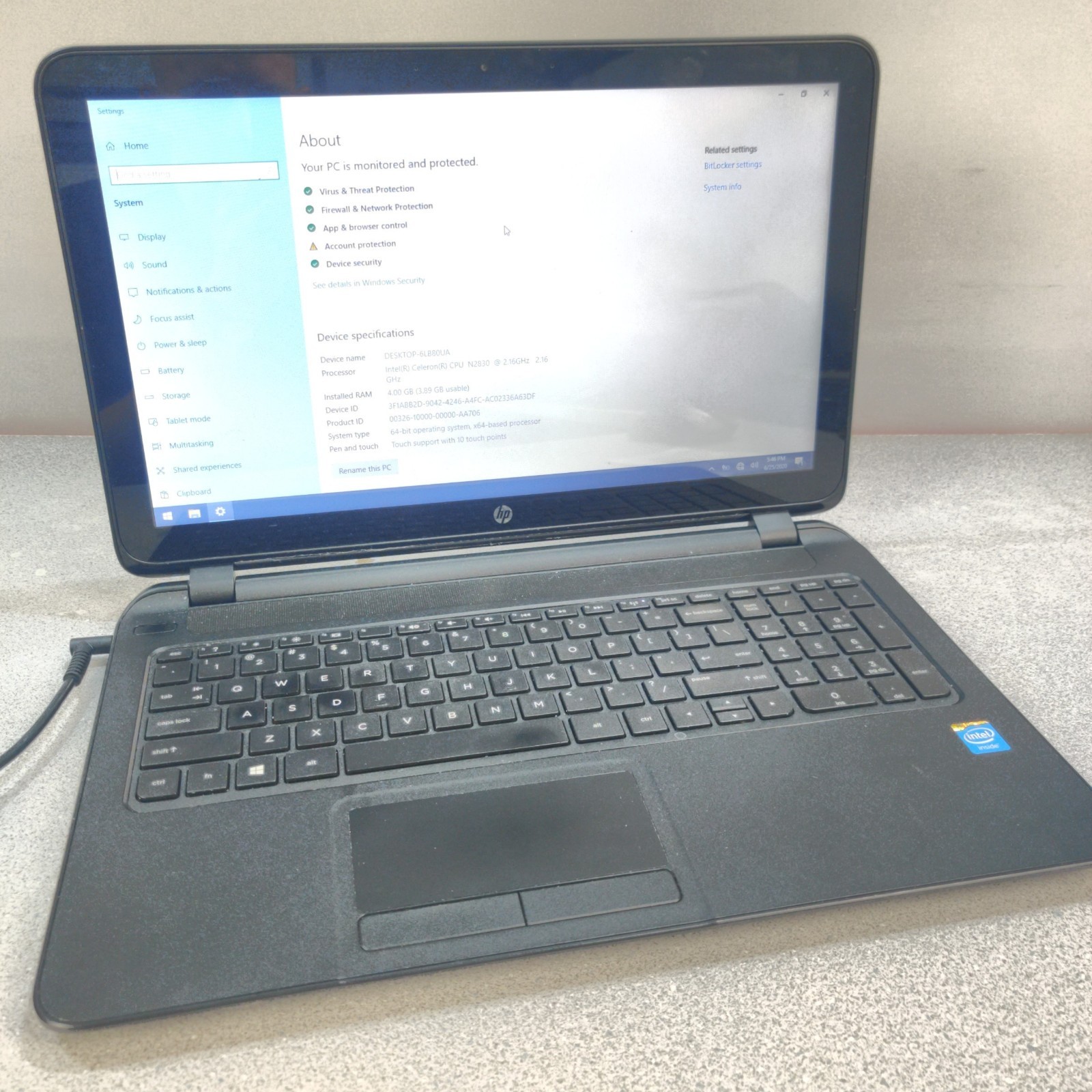 HP 15-f010wm Laptop N2830 2.16 GHZ 4GB RAM 256GB SATA SSD WIN10H NO BATTERY/AC